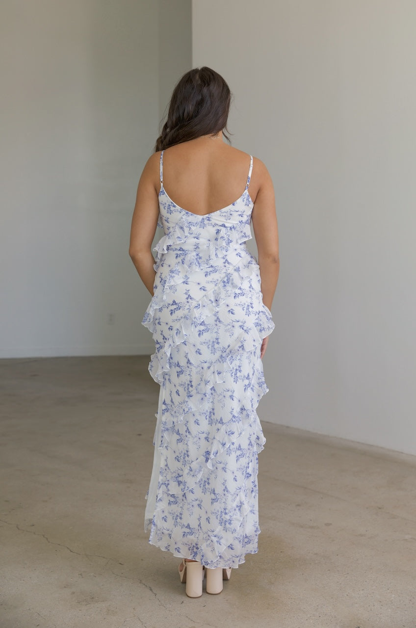 blue and white floral layered ruffle maxi dress with spaghetti straps