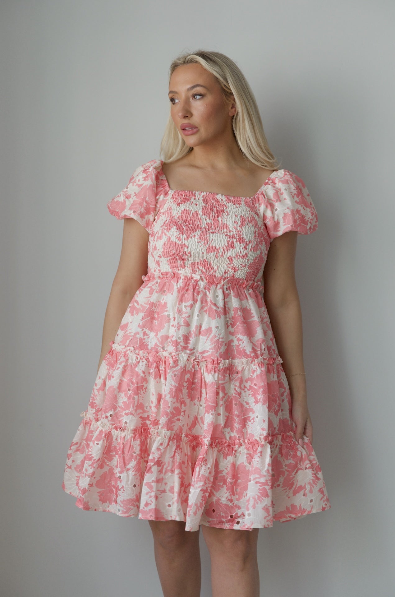 Pink Puff Sleeve Floral Dress