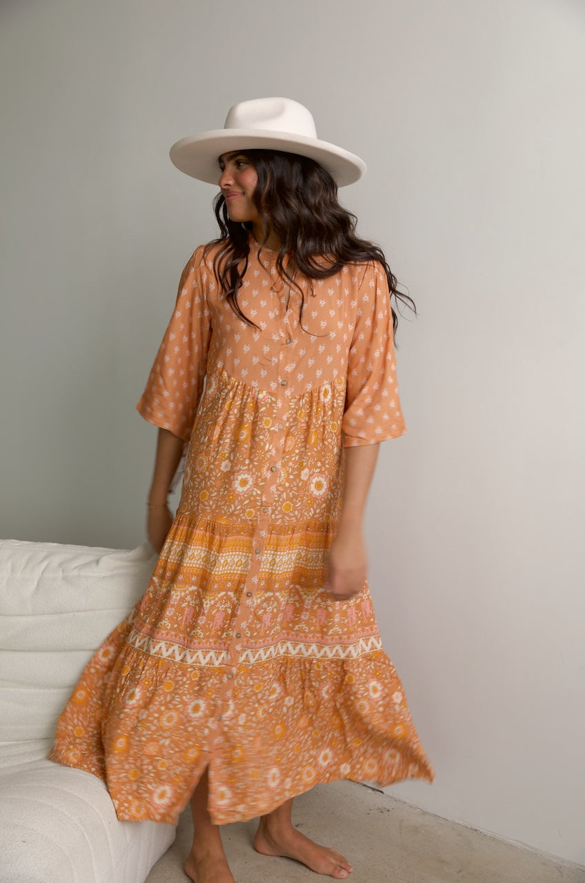 Orange Boho Floral Shirt Dress