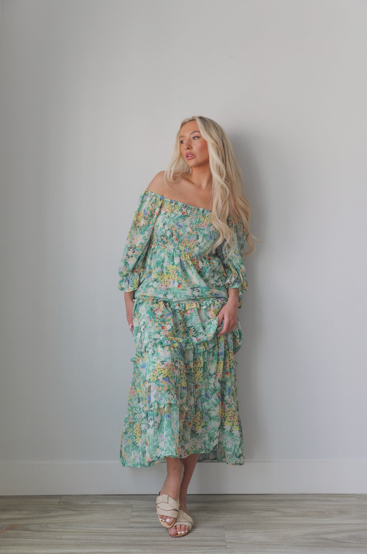 Andrea Green Floral Midi Dress