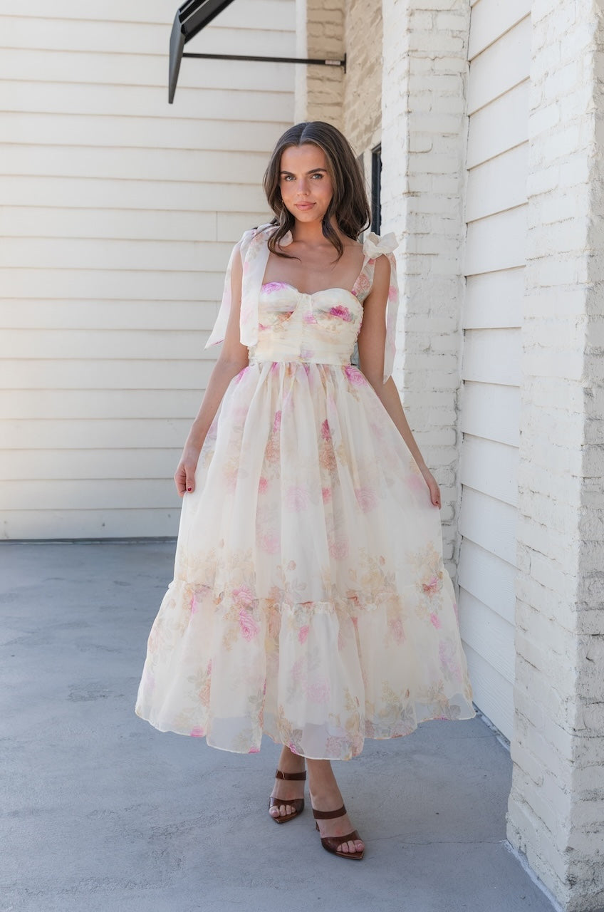 Ivory Floral Tie Strap Midi Dress