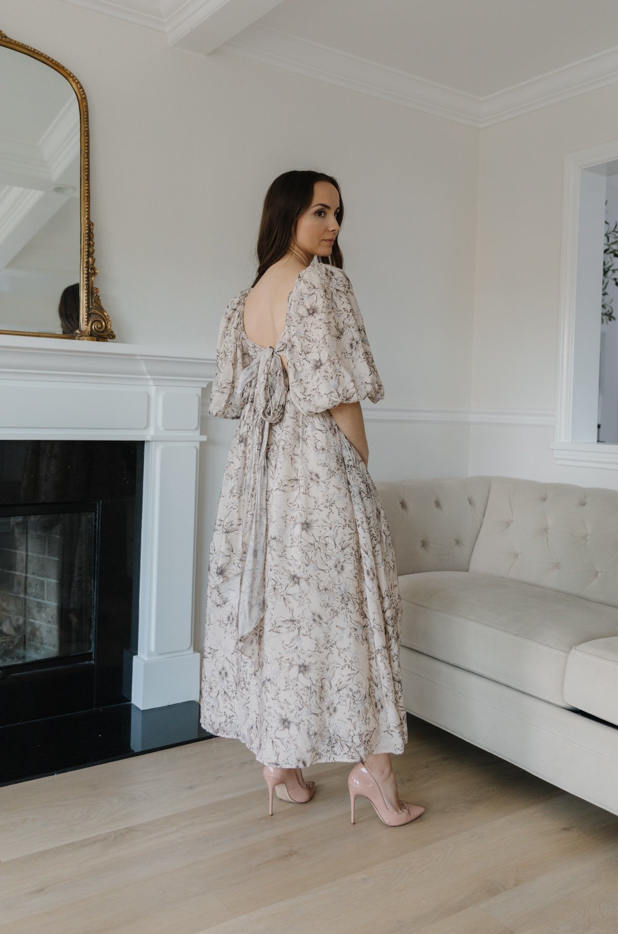 beige floral puff sleeve midi dress with a back bow tie