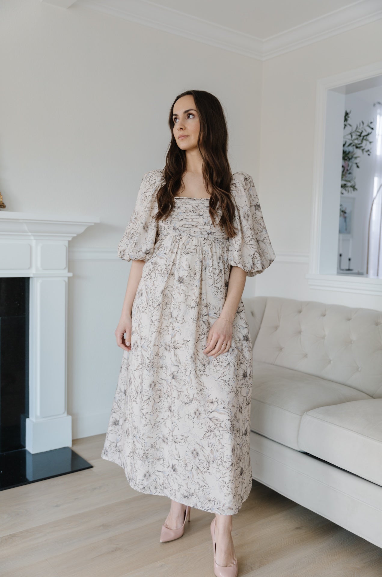 beige floral puff sleeve midi dress with a back bow tie