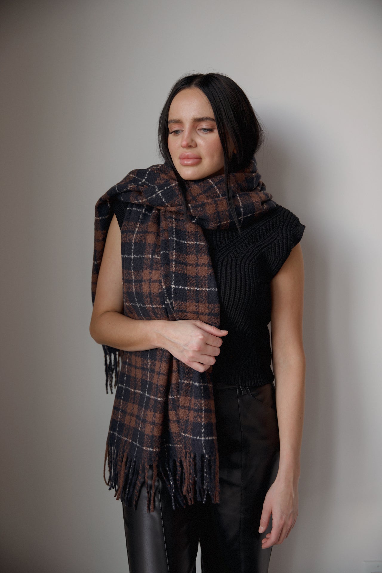 multicolor brown and blue plaid scarf