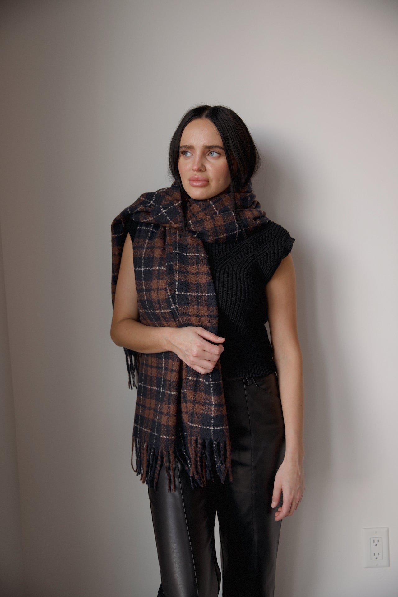 multicolor brown and blue plaid scarf