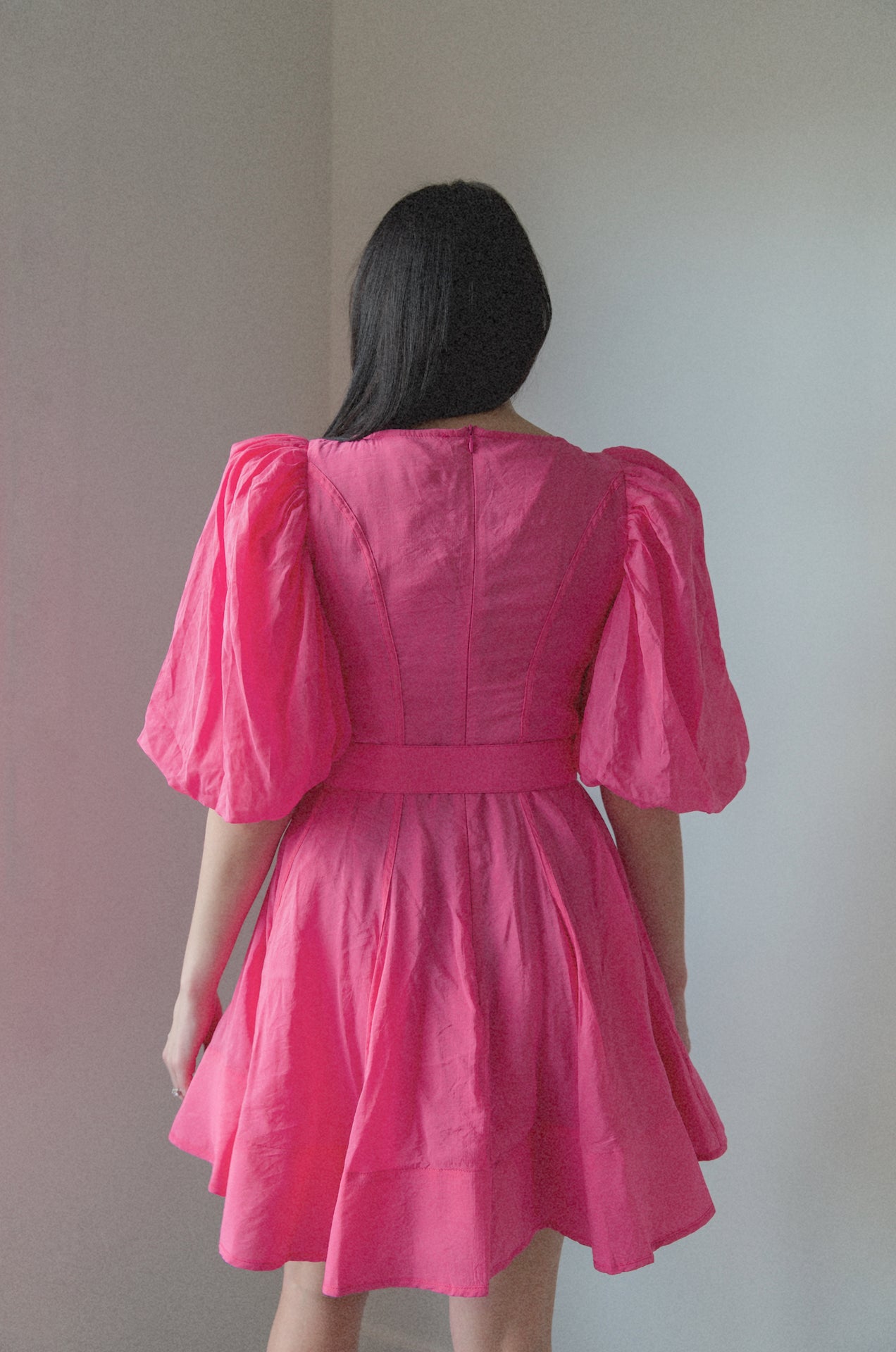 pink puff sleeve poplin babydoll mini dress with a belt