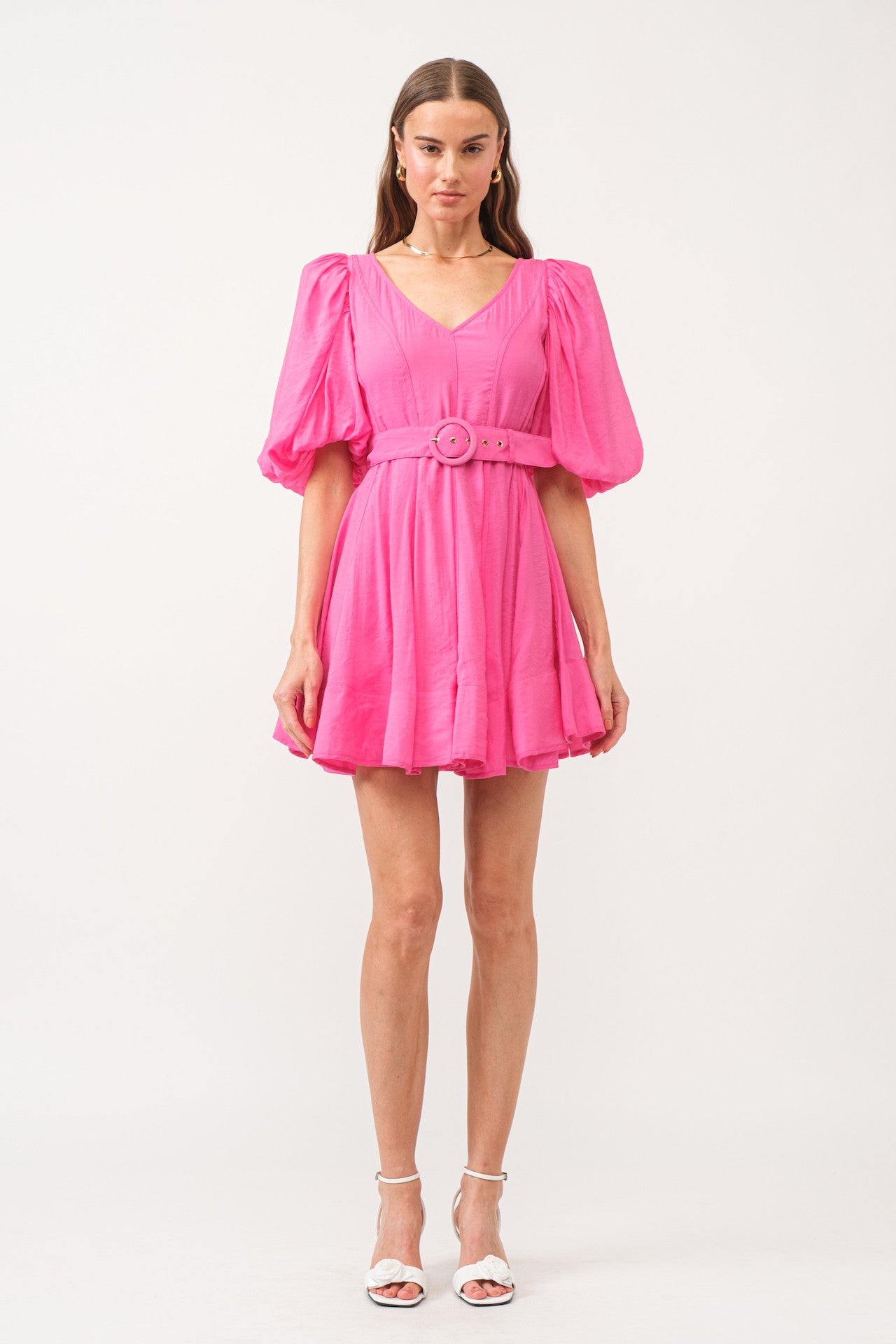 pink puff sleeve poplin babydoll mini dress with a belt