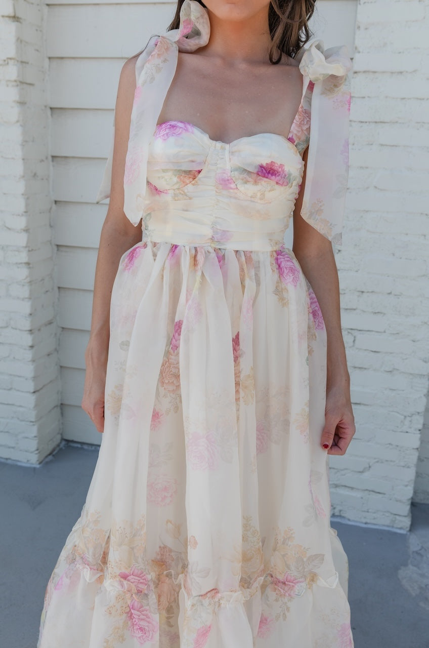Ivory Floral Tie Strap Midi Dress