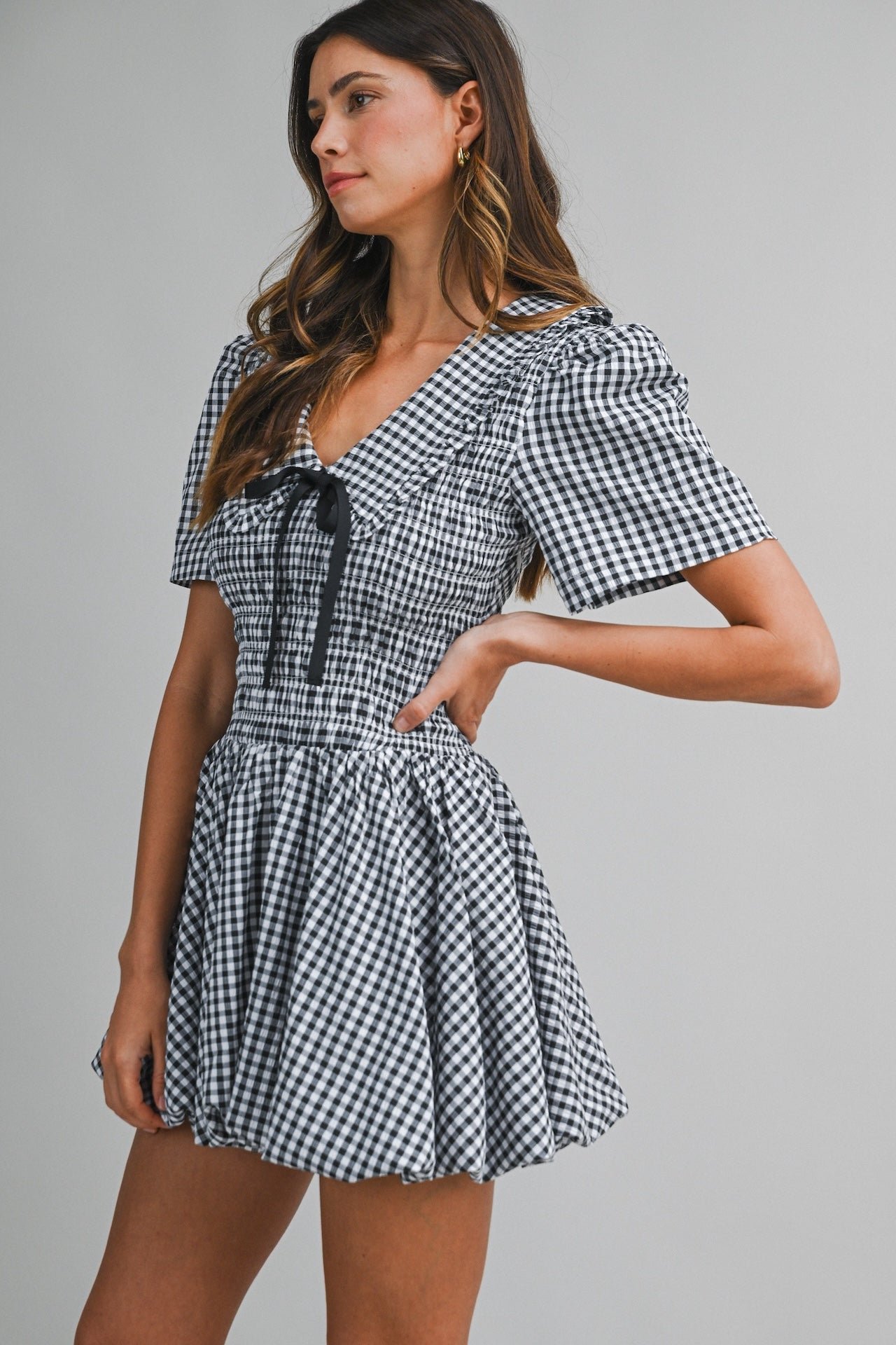 Black Gingham Puff Sleeve Mini Dress