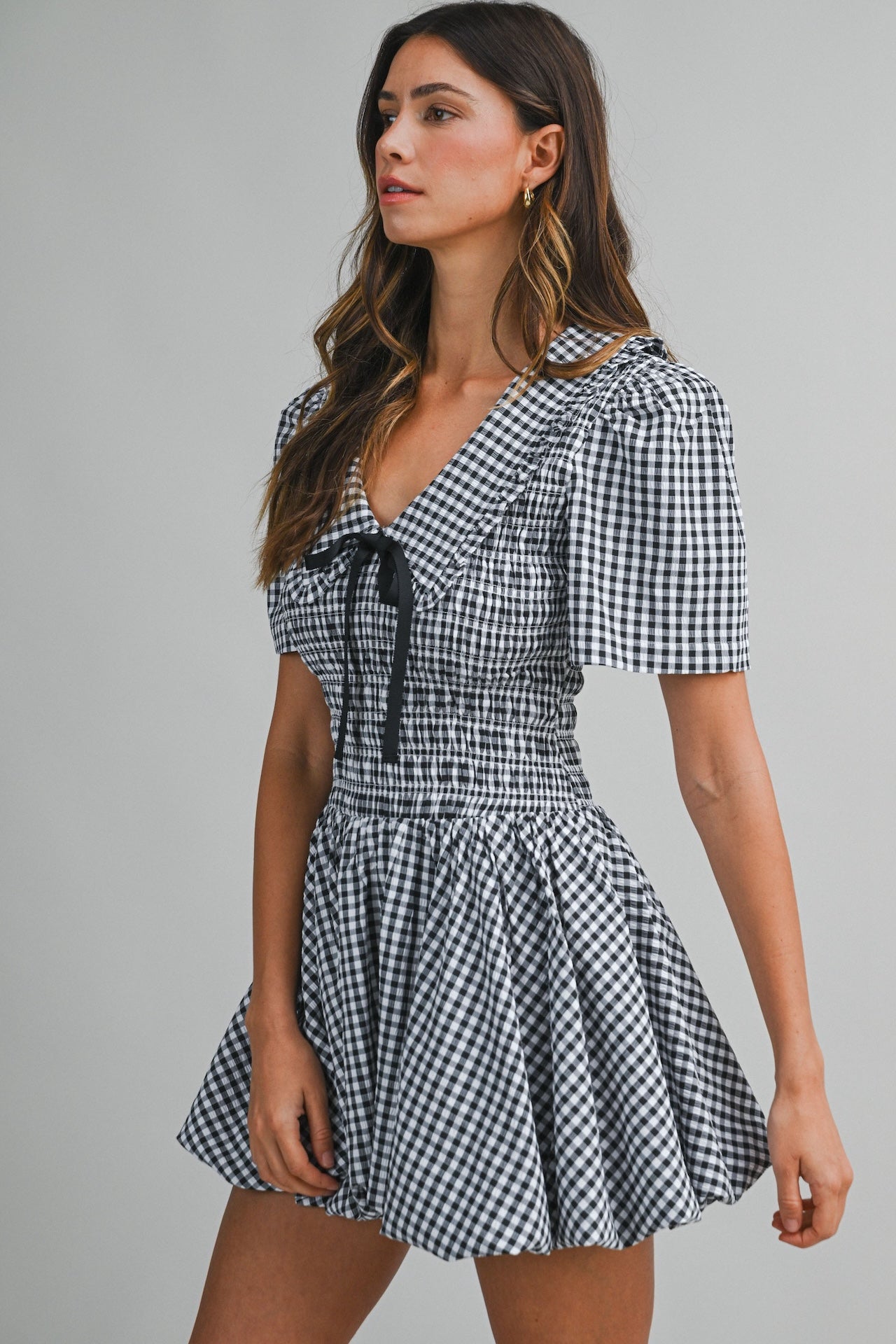 Black Gingham Puff Sleeve Mini Dress