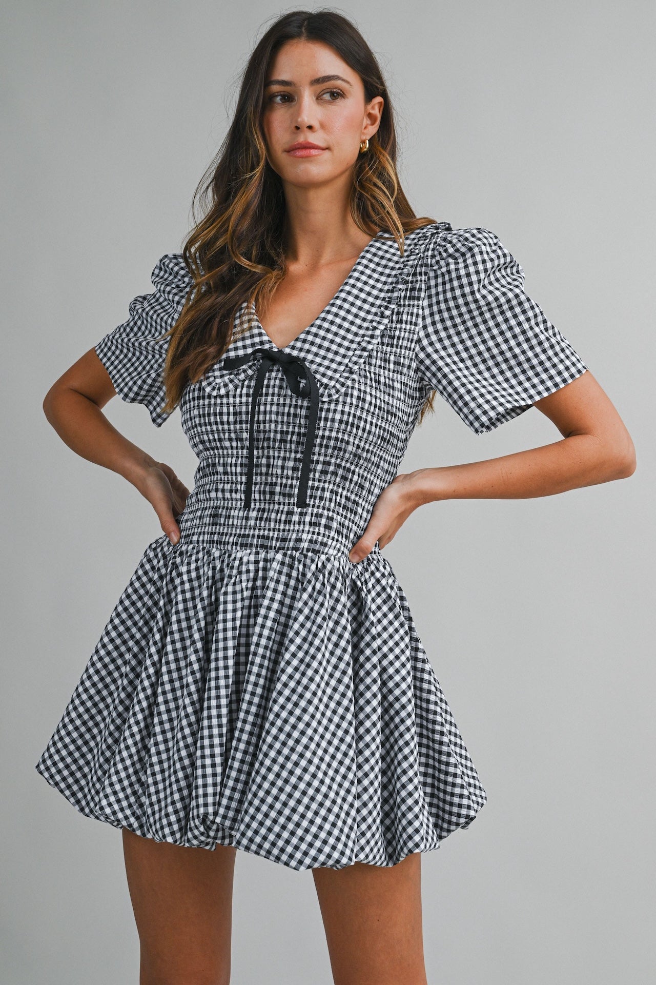 Black Gingham Puff Sleeve Mini Dress