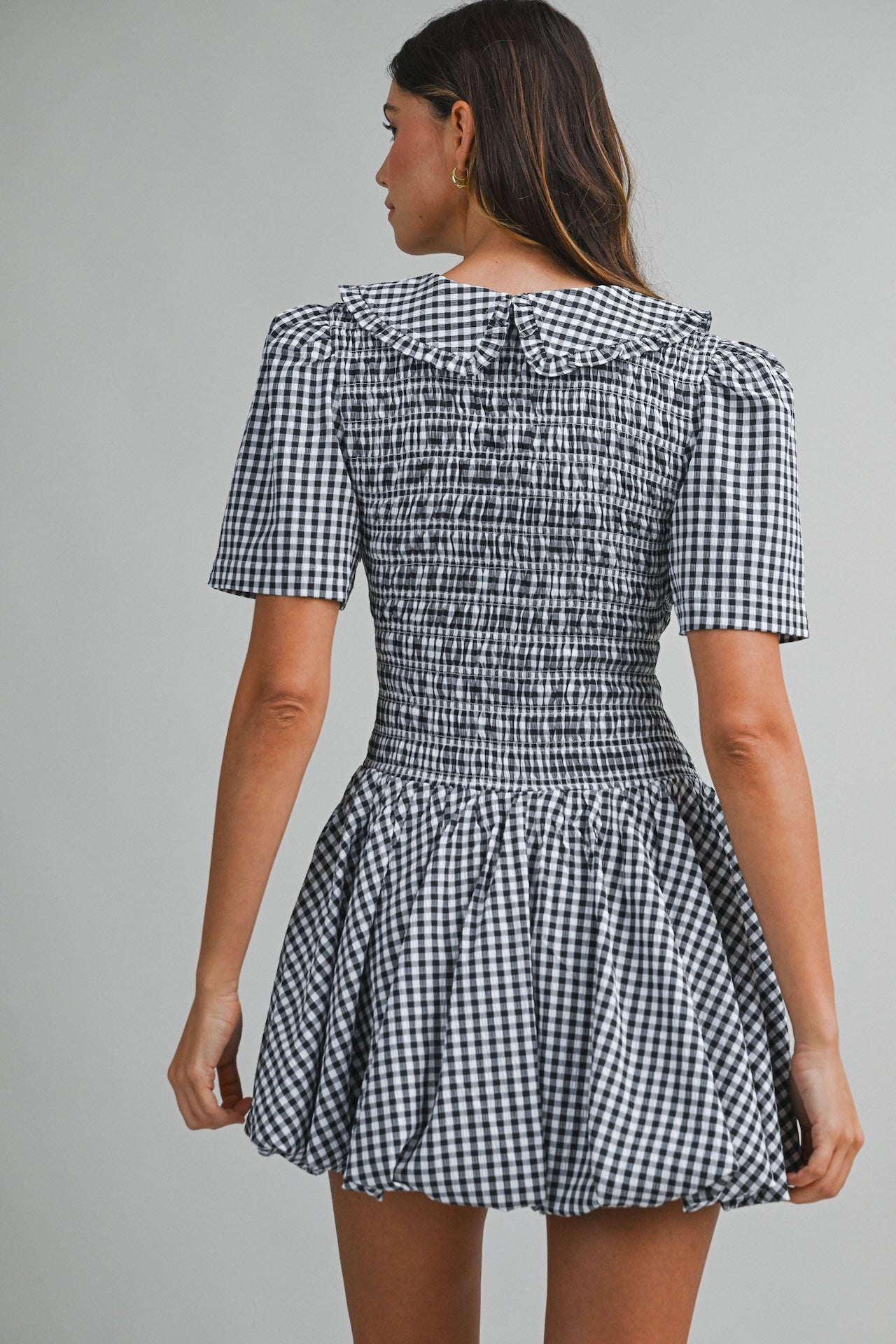Black Gingham Puff Sleeve Mini Dress