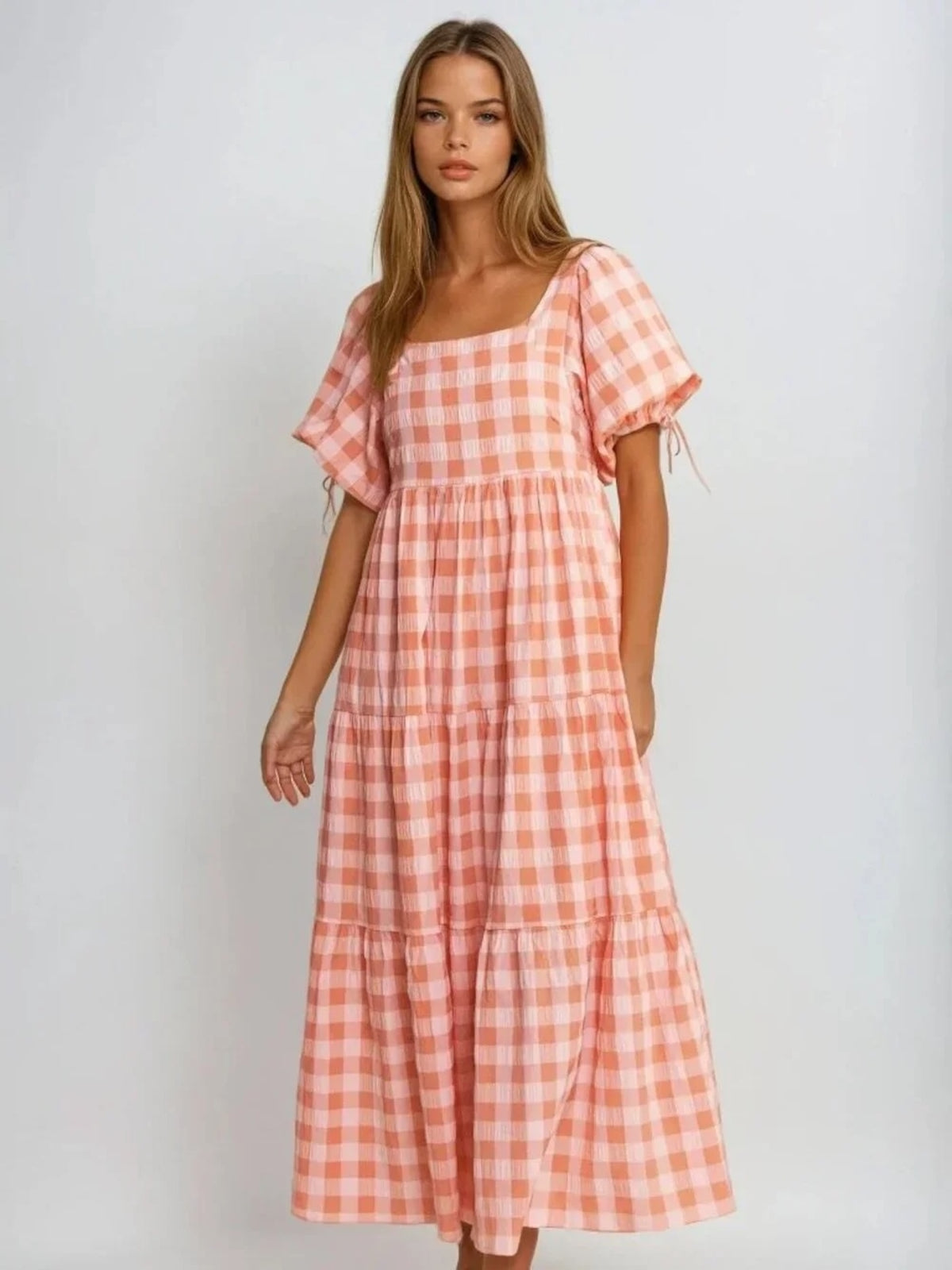 Orange Gingham Puff Sleeve Maxi Dress