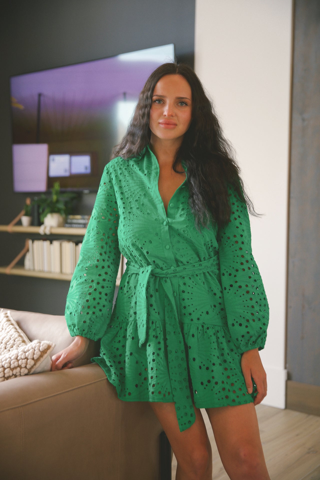 green eyelet belted mini dress