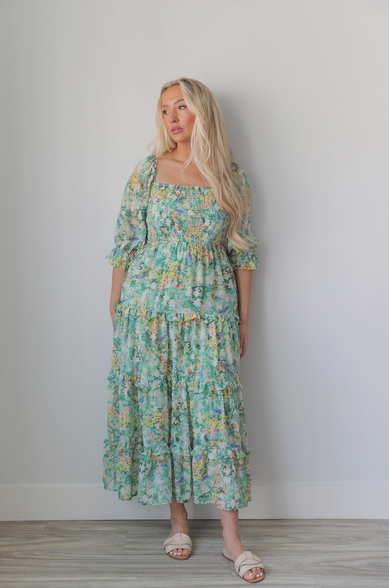 Andrea Green Floral Midi Dress