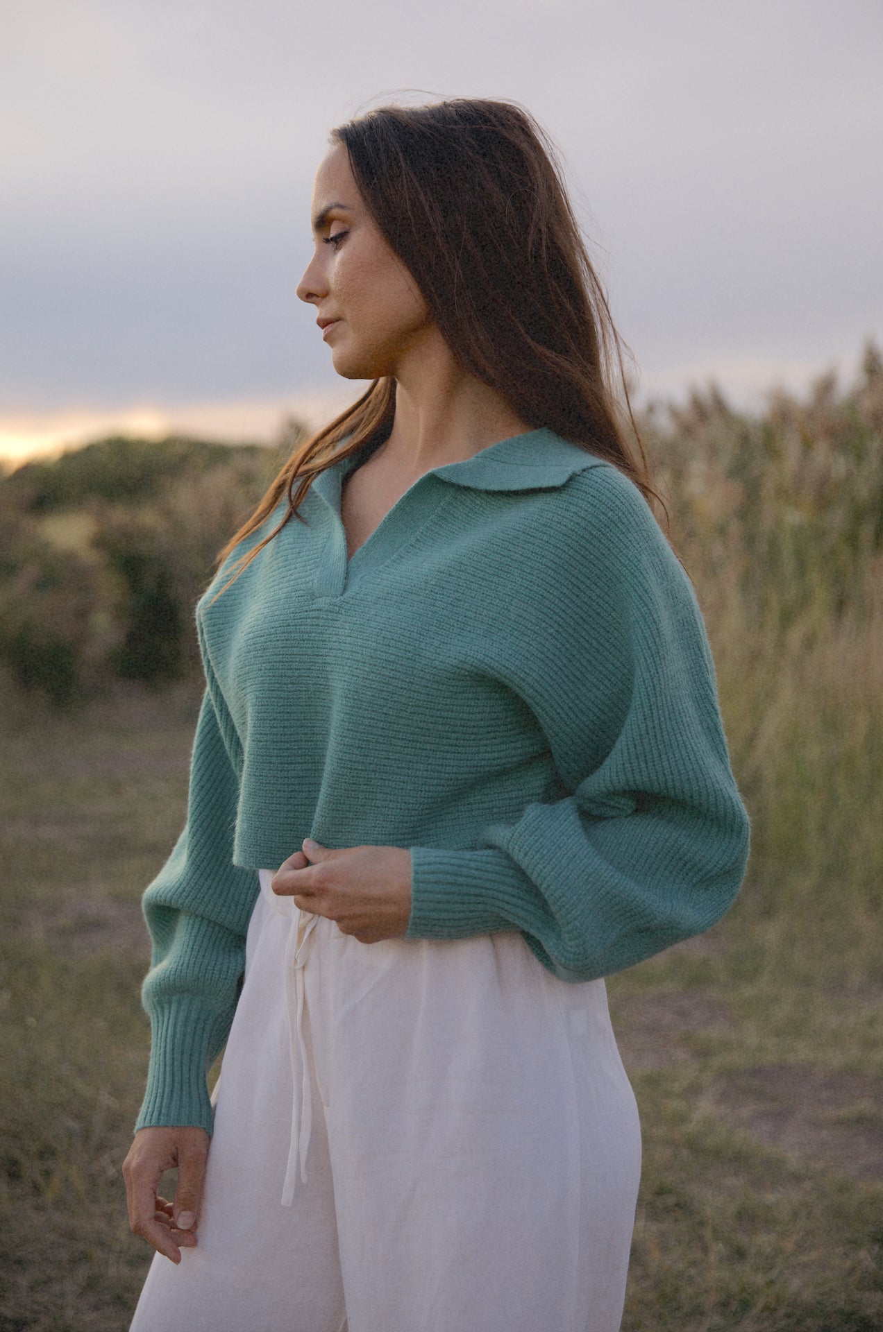 sage green cropped knit sweater