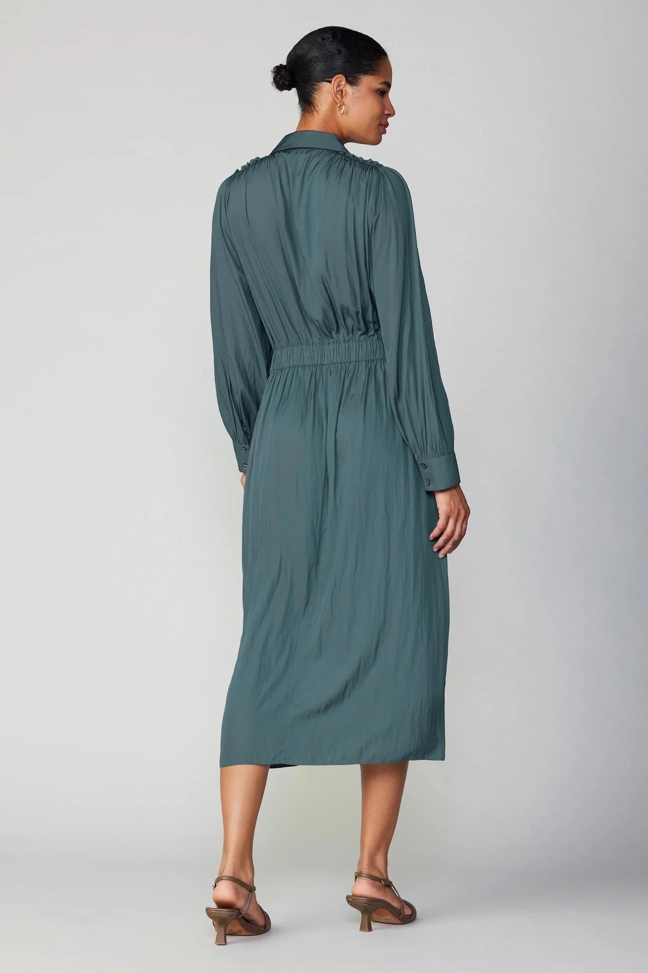 forest green midi long sleeve dress with a belt and button down style
