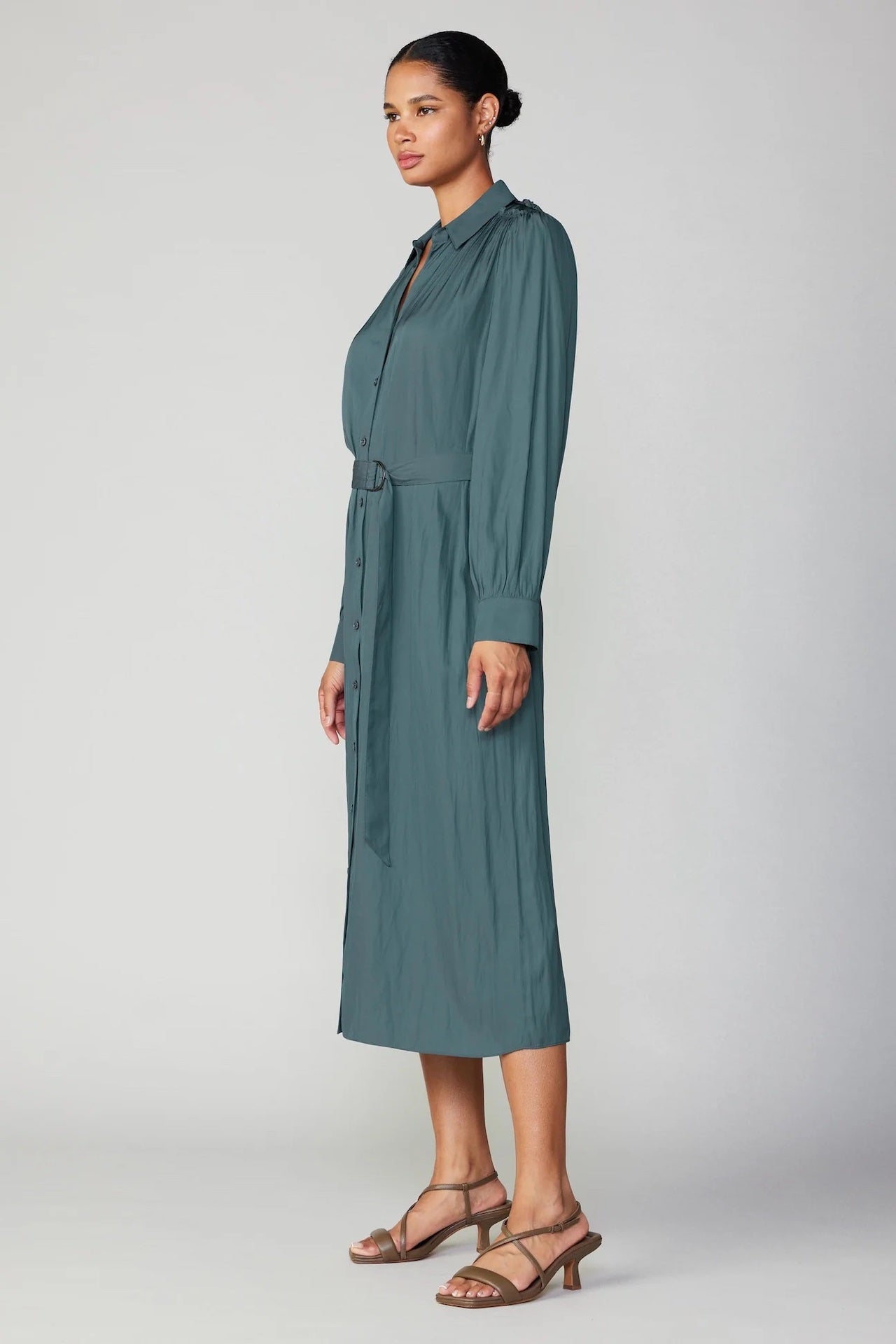 forest green midi long sleeve dress with a belt and button down style