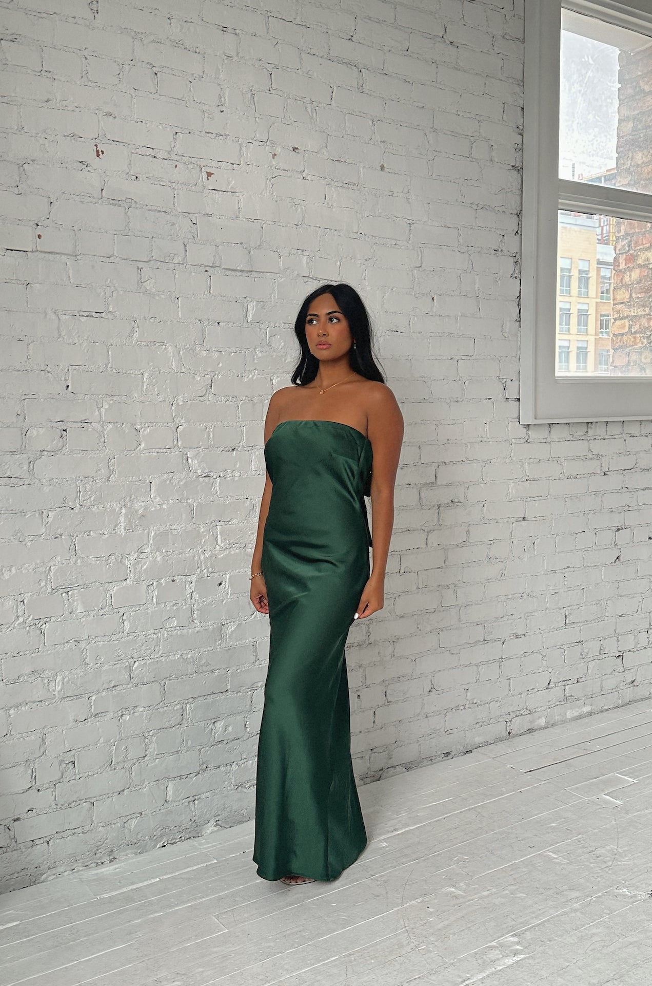 emerald green cowl back strapless maxi dress