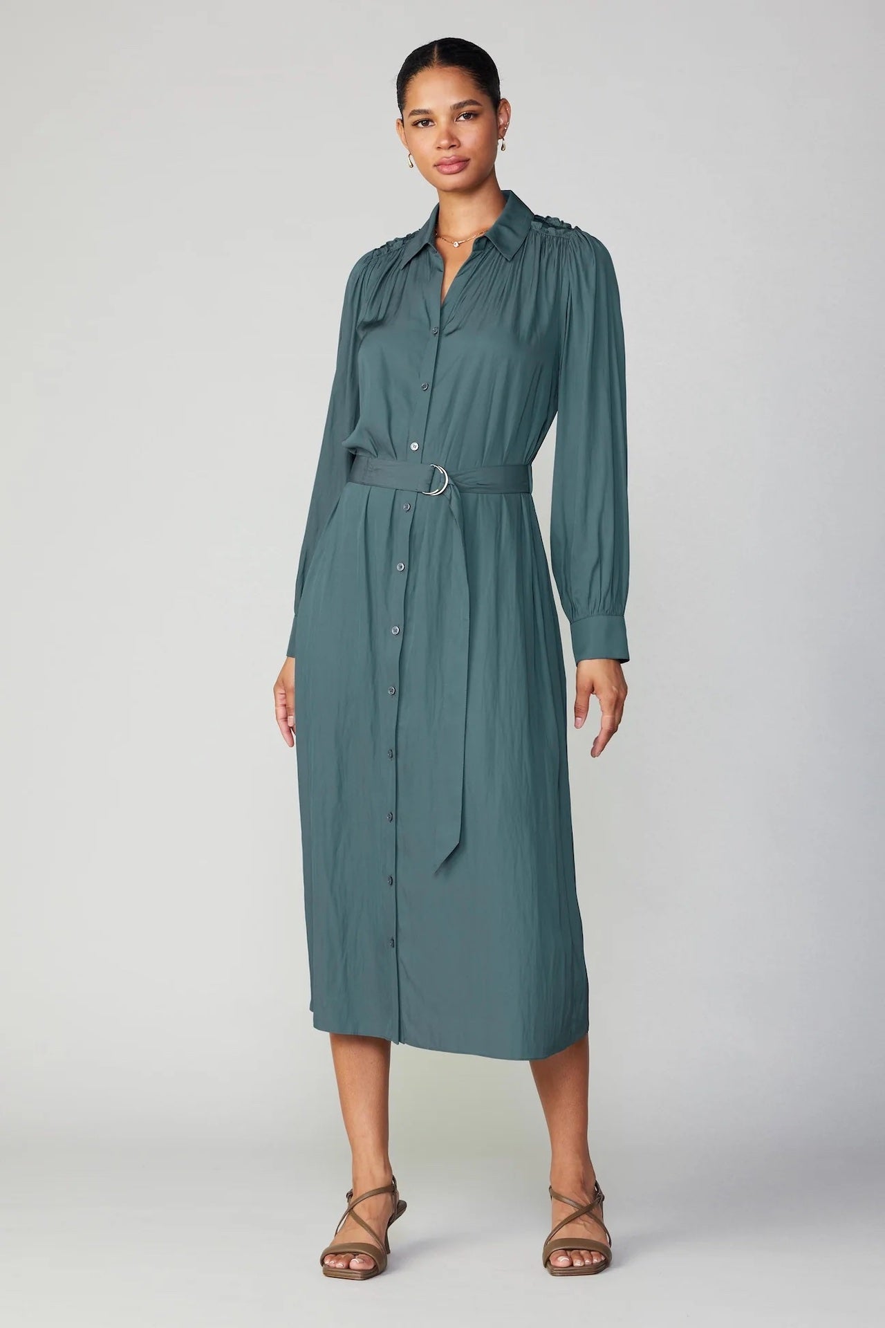 forest green midi long sleeve dress with a belt and button down style