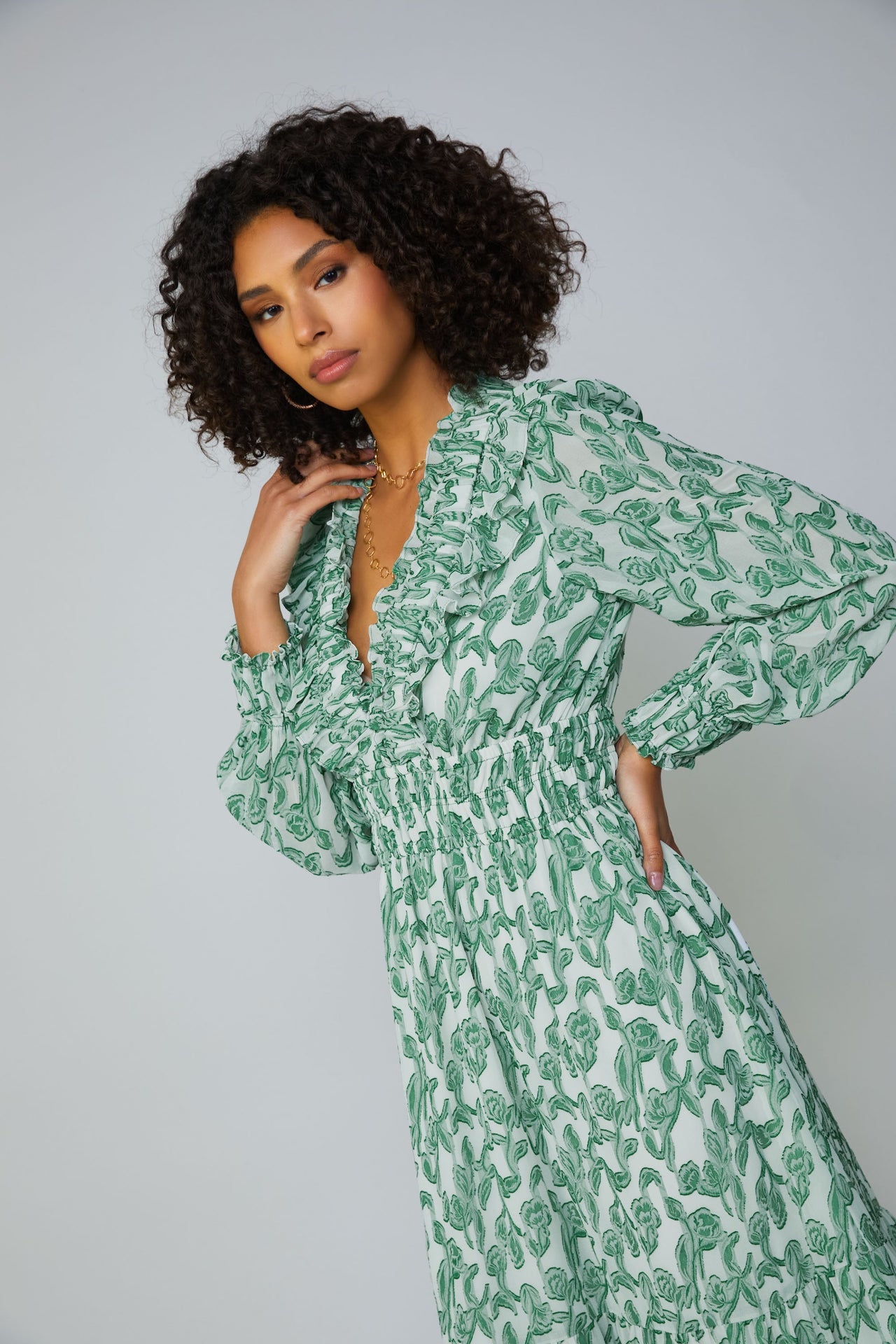 green and white Jacquard midi dress with long sleeves