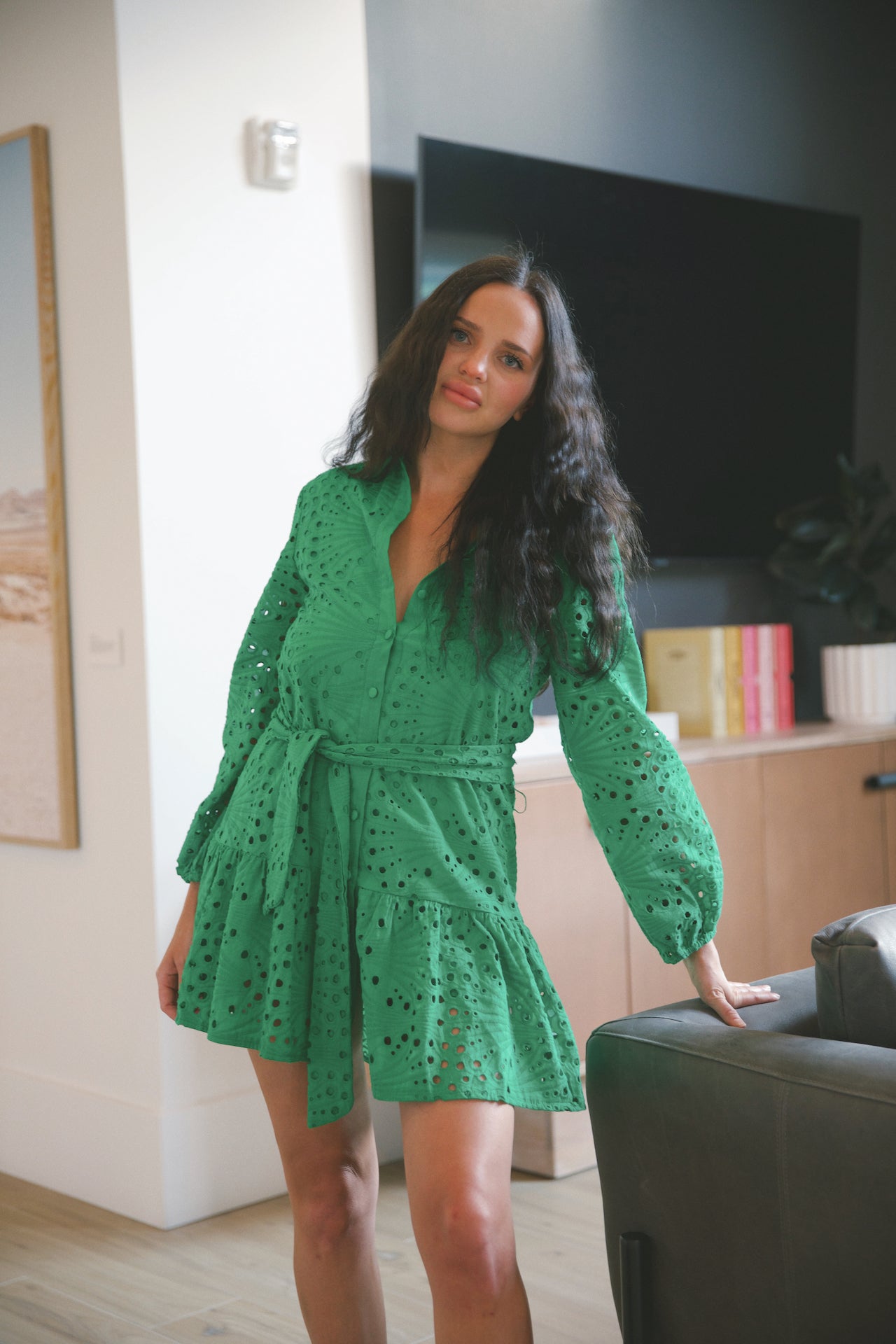green eyelet belted mini dress