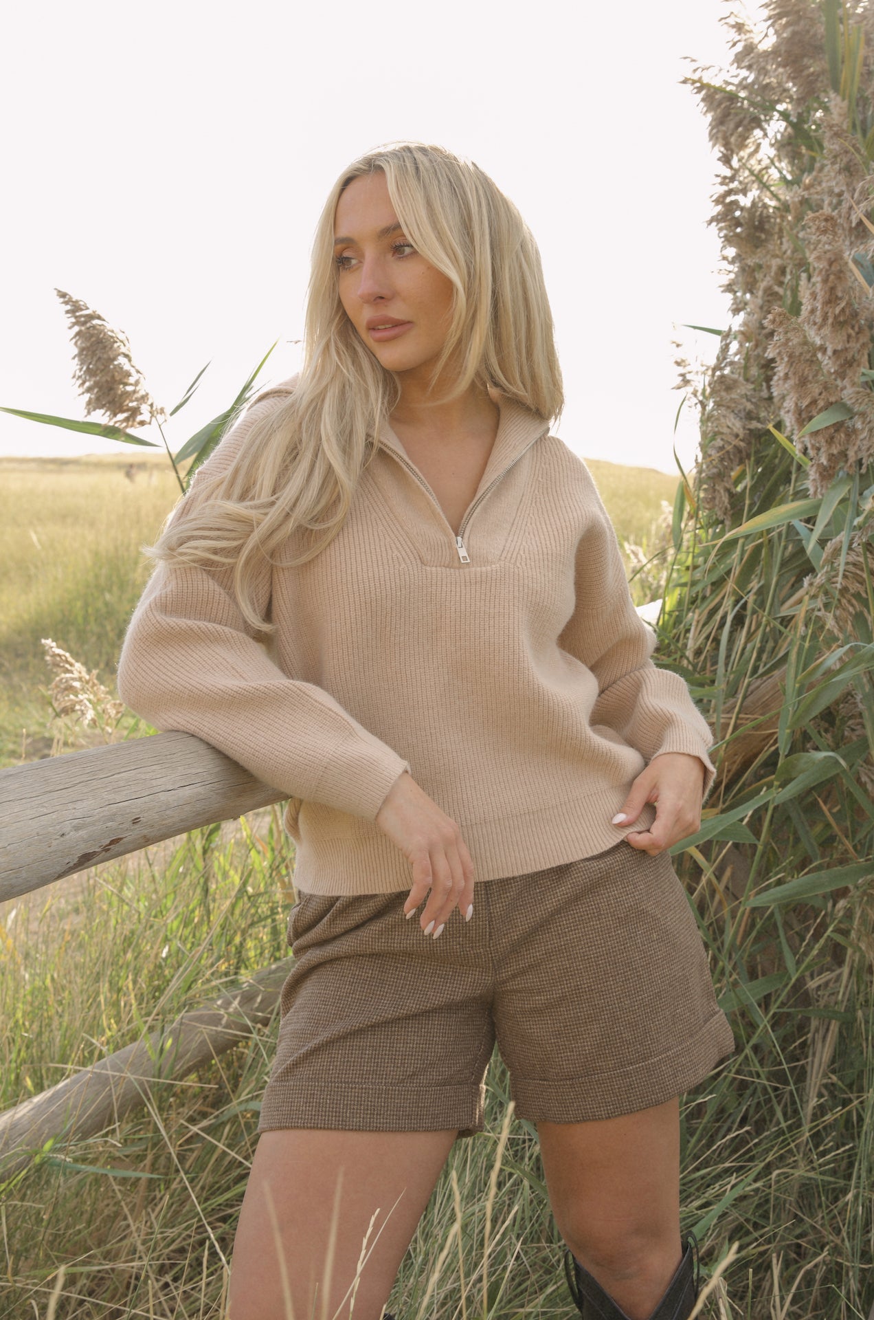 Beige Ribbed Half Zip Sweater