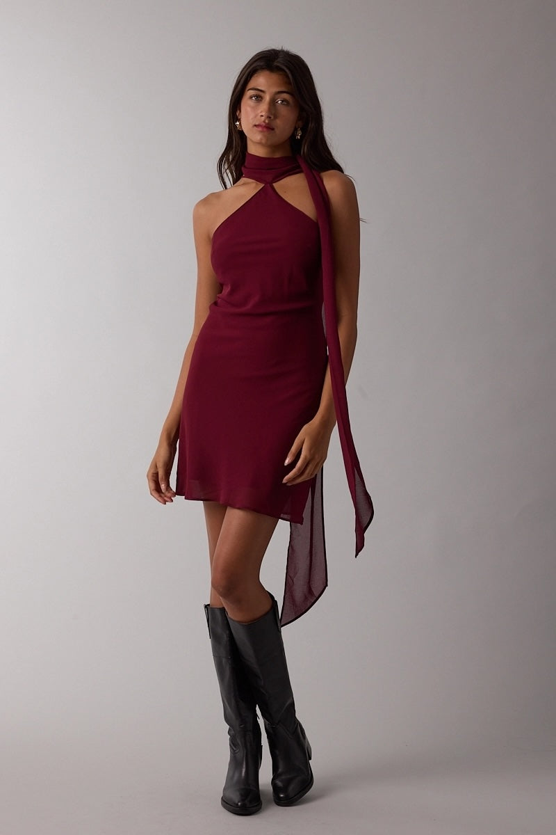 Burgundy Halter Scarf Mini Dress