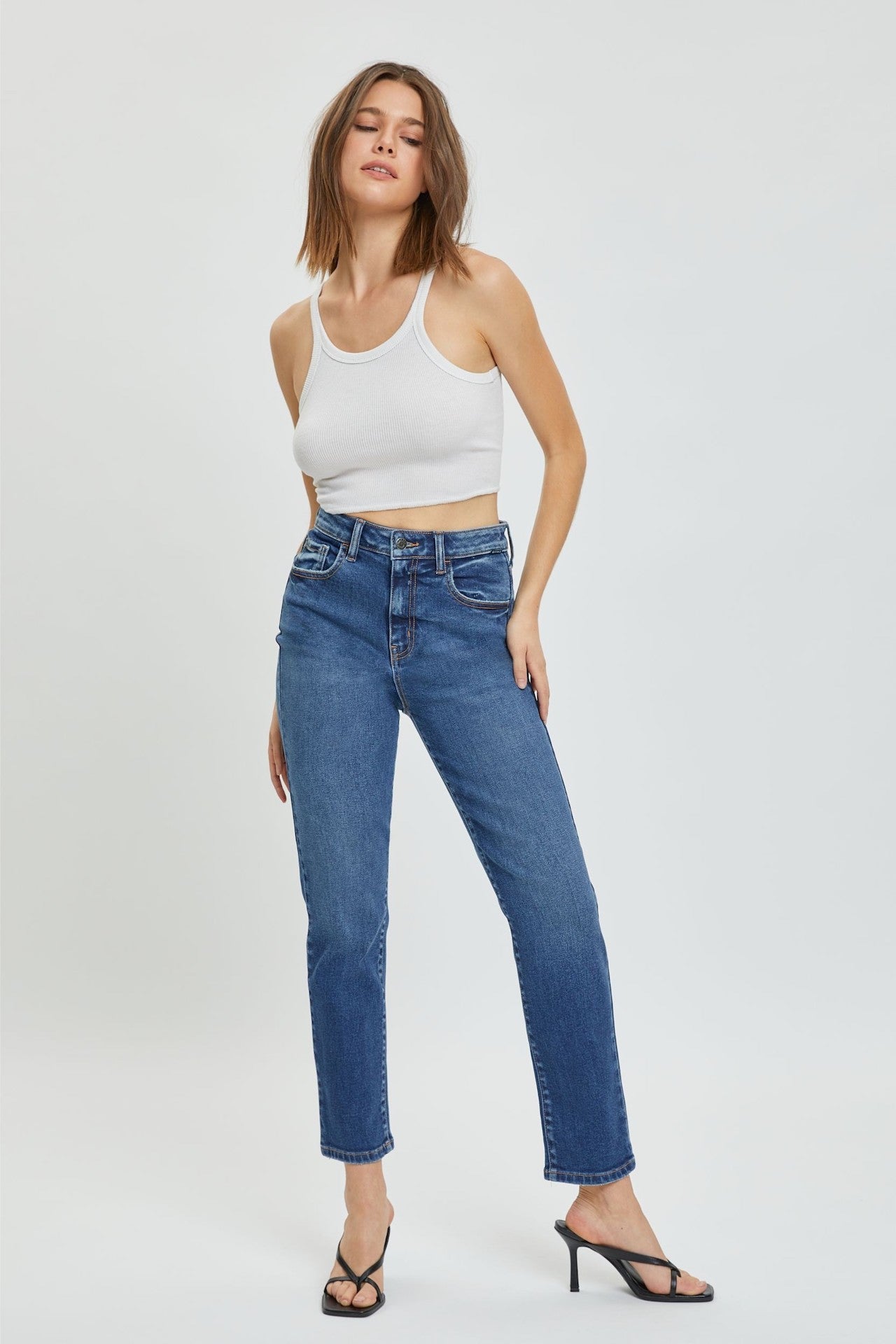 dark blue high rise straight jeans cropped