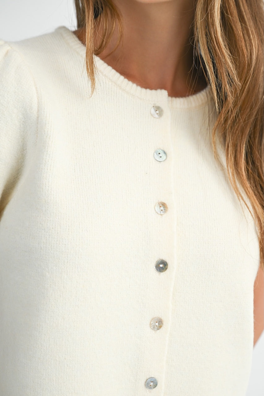 White Cropped Puff Sleeve Cardigan Sweater