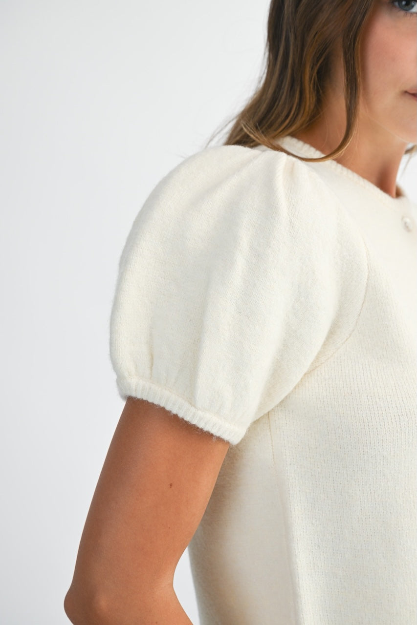White Cropped Puff Sleeve Cardigan Sweater