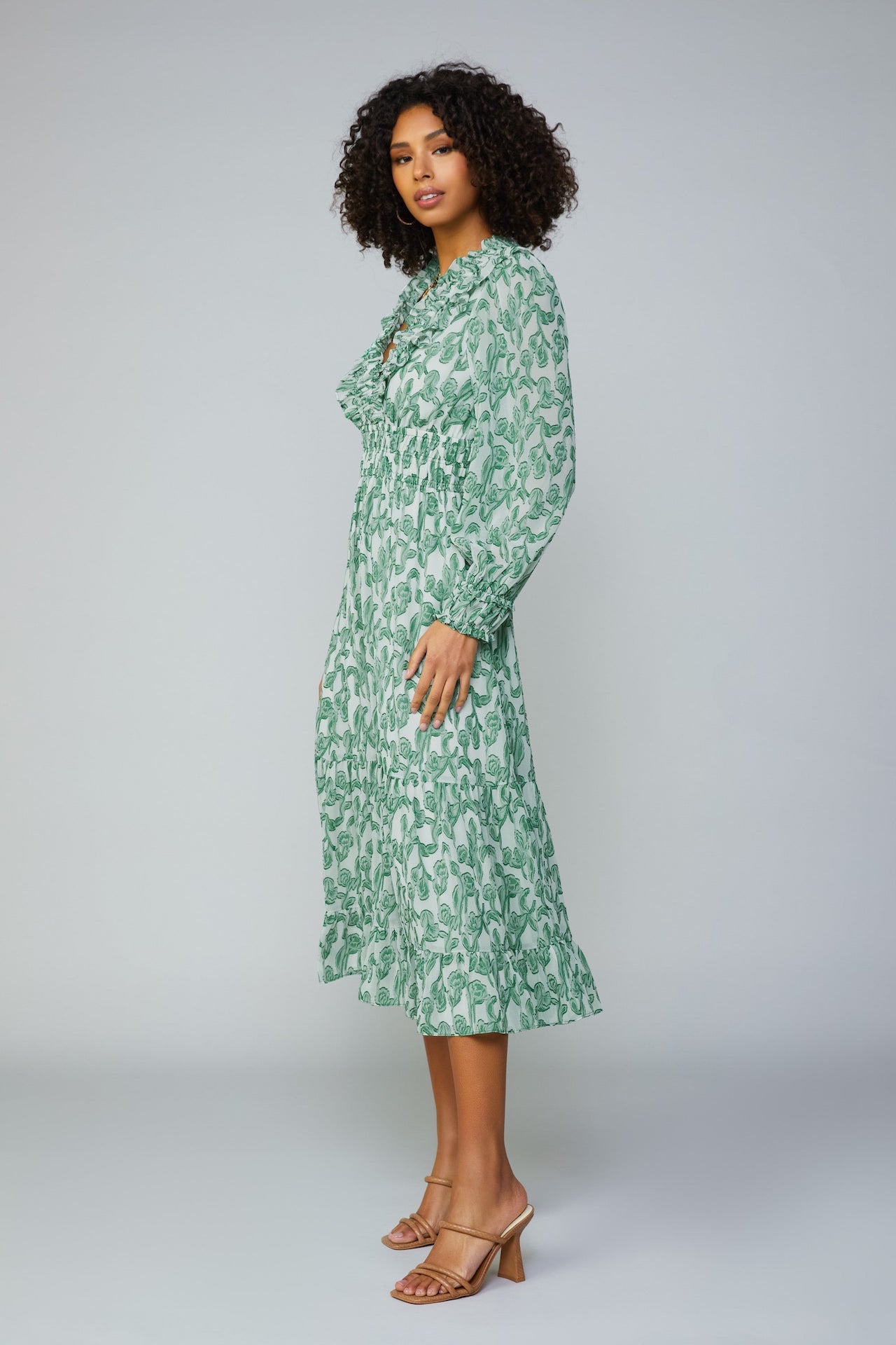 green and white Jacquard midi dress with long sleeves