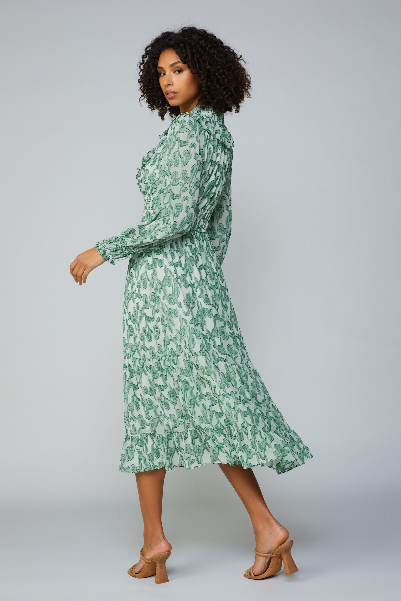 green and white Jacquard midi dress with long sleeves