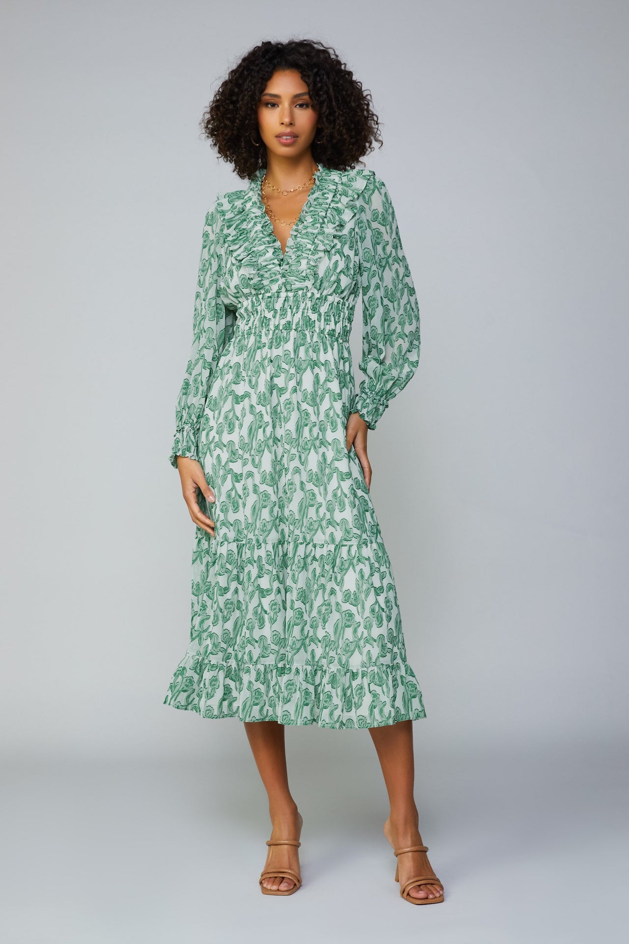 green and white Jacquard midi dress with long sleeves