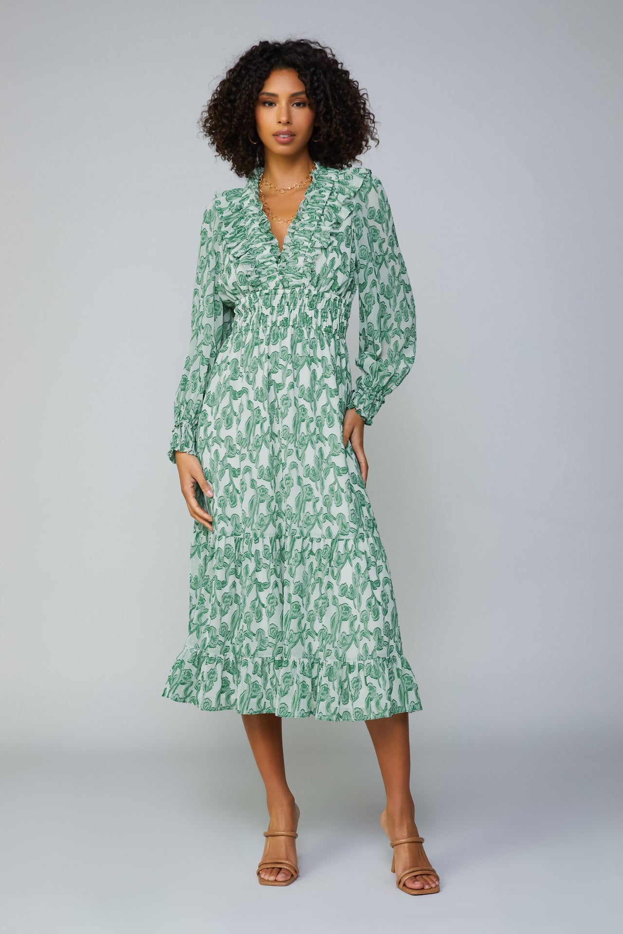 Current Air Women's Botanical Jacquard Smocked Midi Dress Green / M Current Air Women's Botanical Jacquard Smocked Midi Dress Green / M