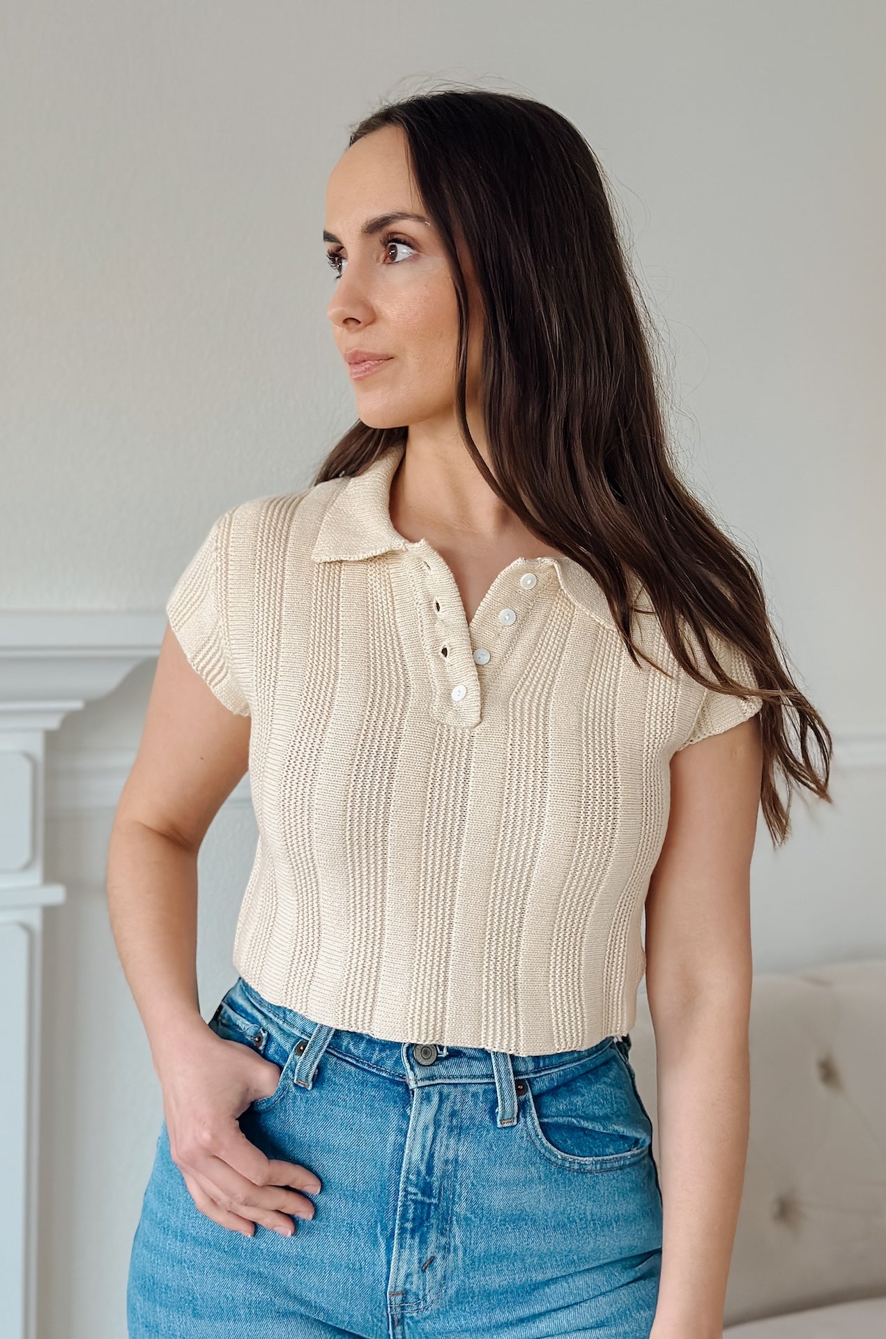 cream knit collared top with short sleeves