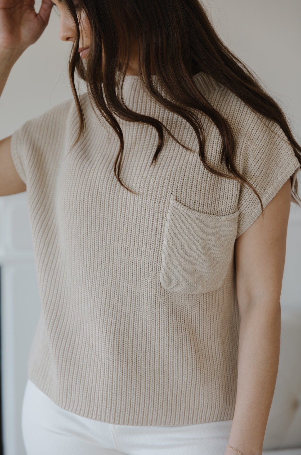 Taupe Knit Sweater Top With Pocket