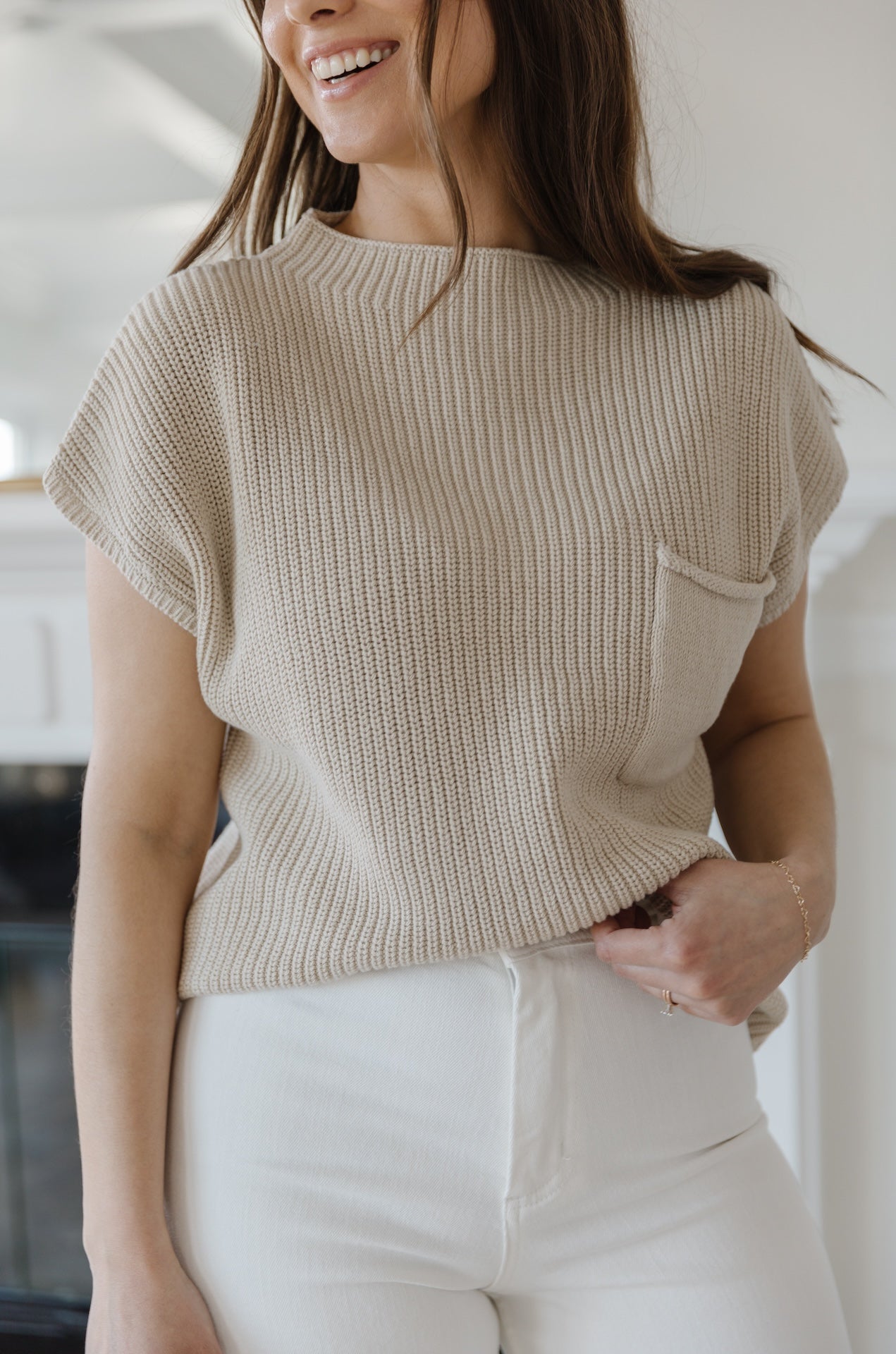Taupe Knit Sweater Top With Pocket