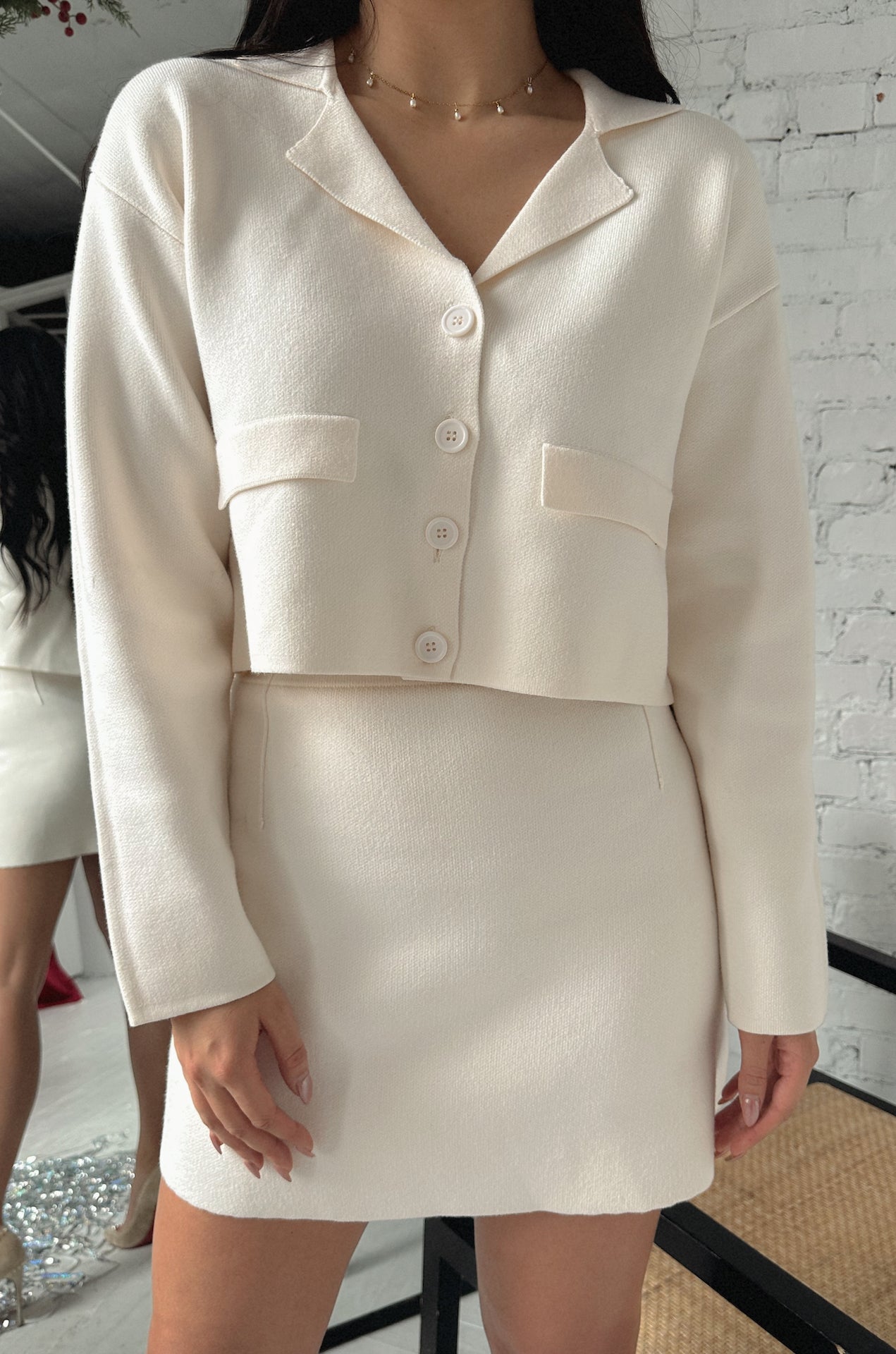 ivory cream knit sweater and mini skirt set