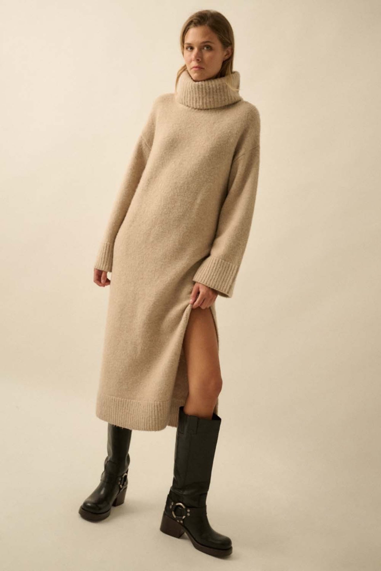 Oversized Turtleneck Sweater Dress - Beige Knit