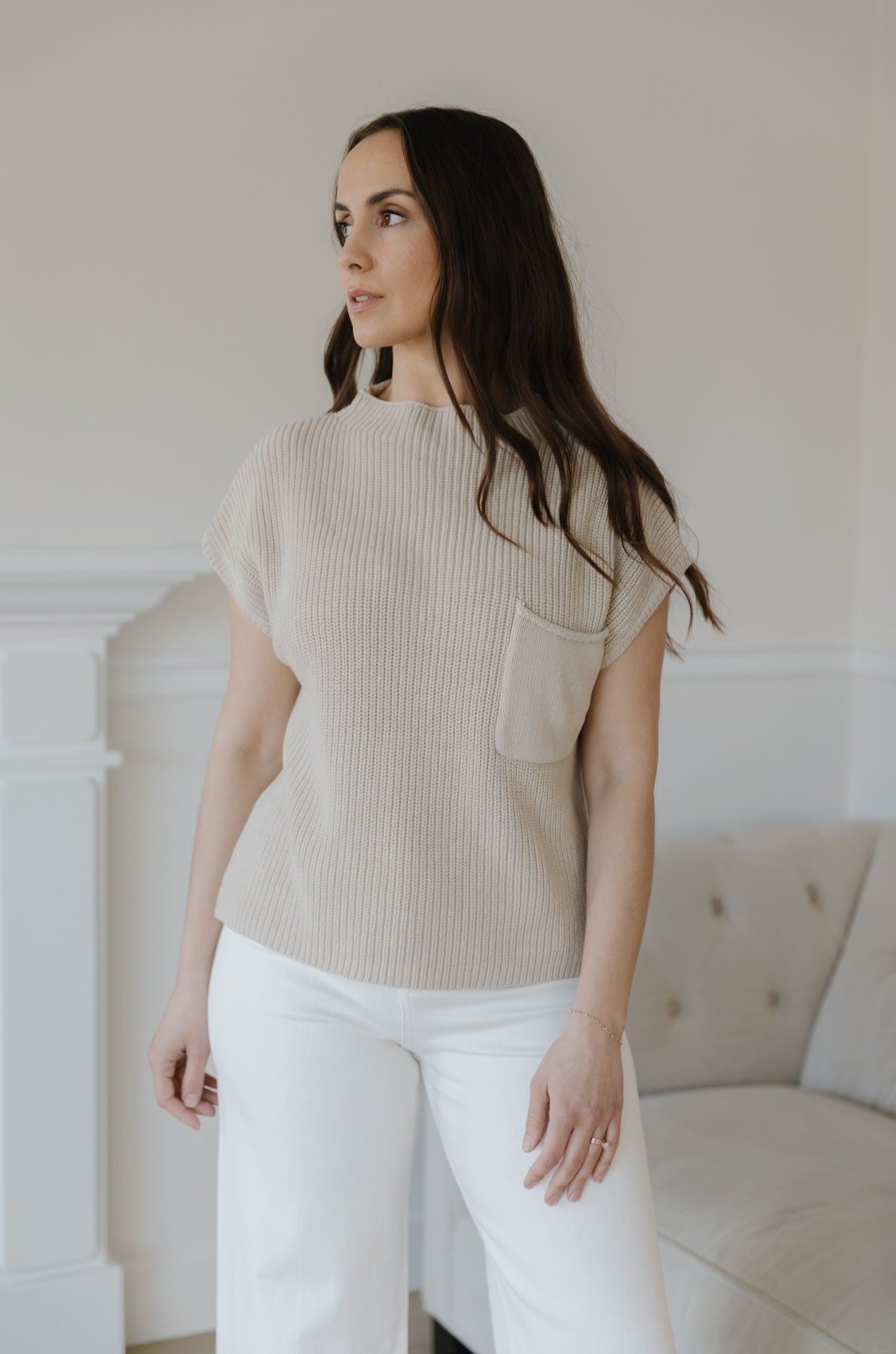 Taupe Knit Sweater Top With Pocket