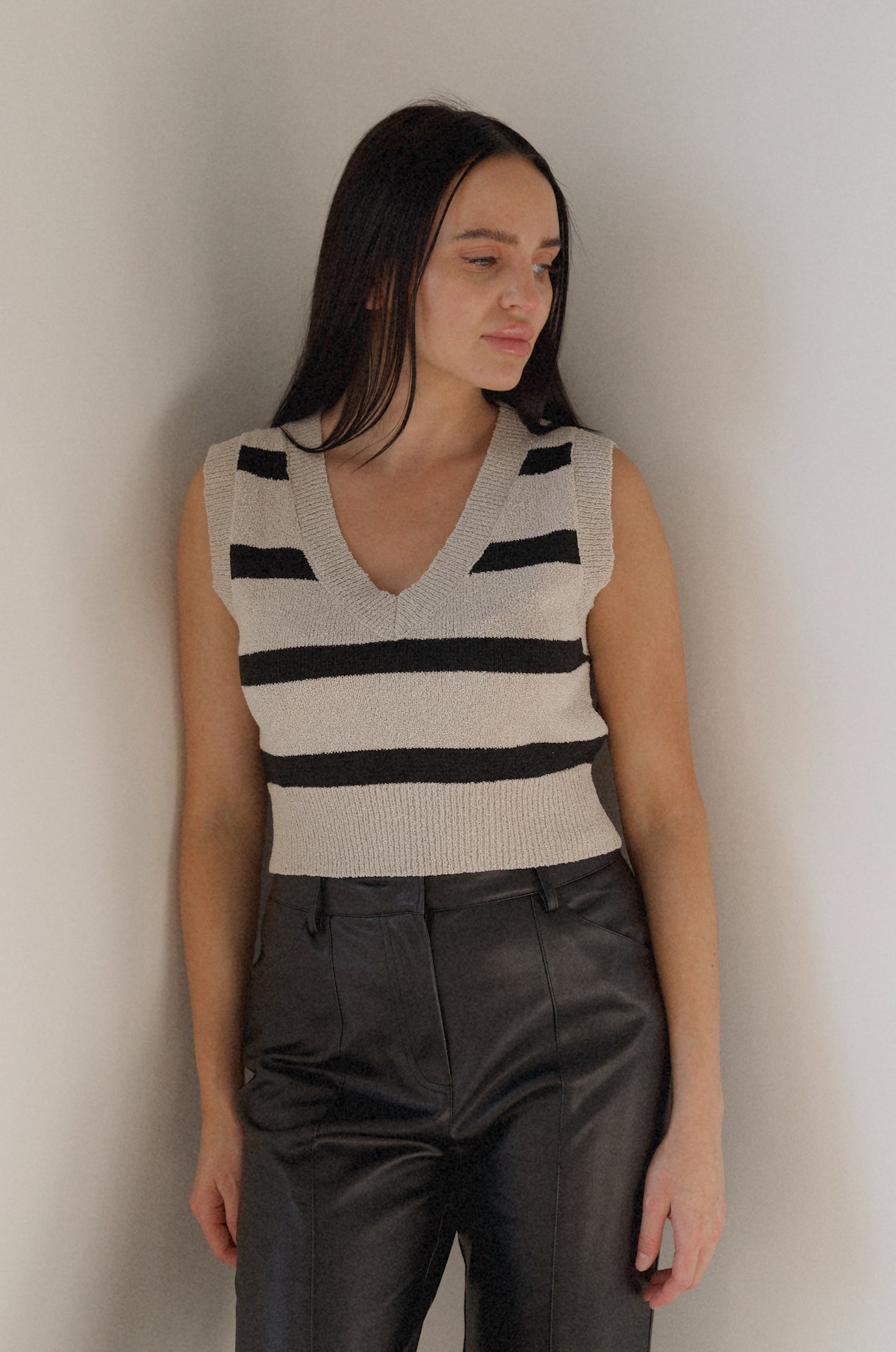 cream and black striped vest