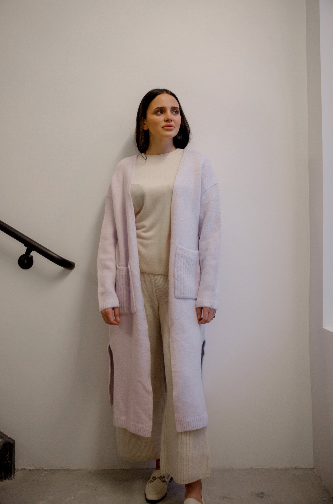 lavender long open front cardigan sweater with side slits