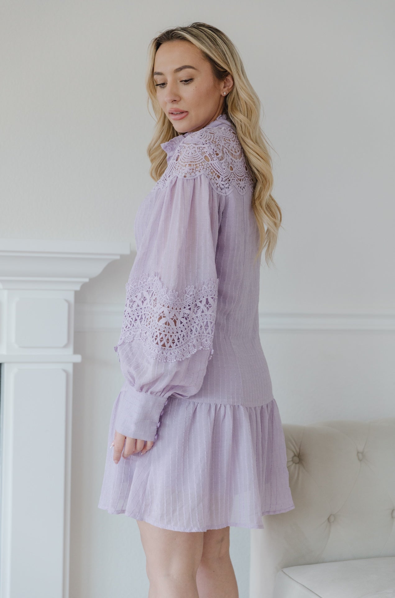 purple mini dress with lace and long sleeves