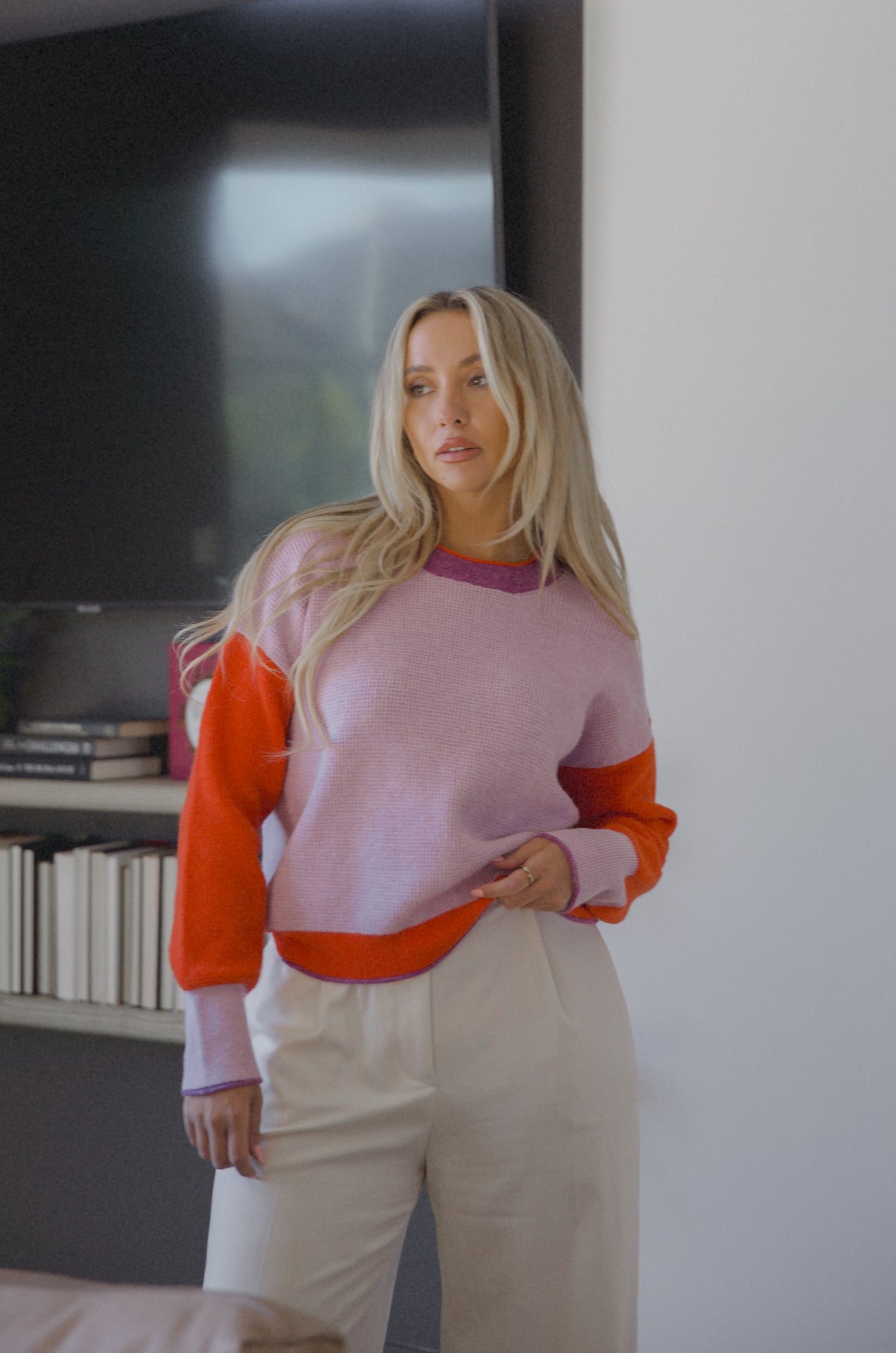 purple and red color block knit sweater