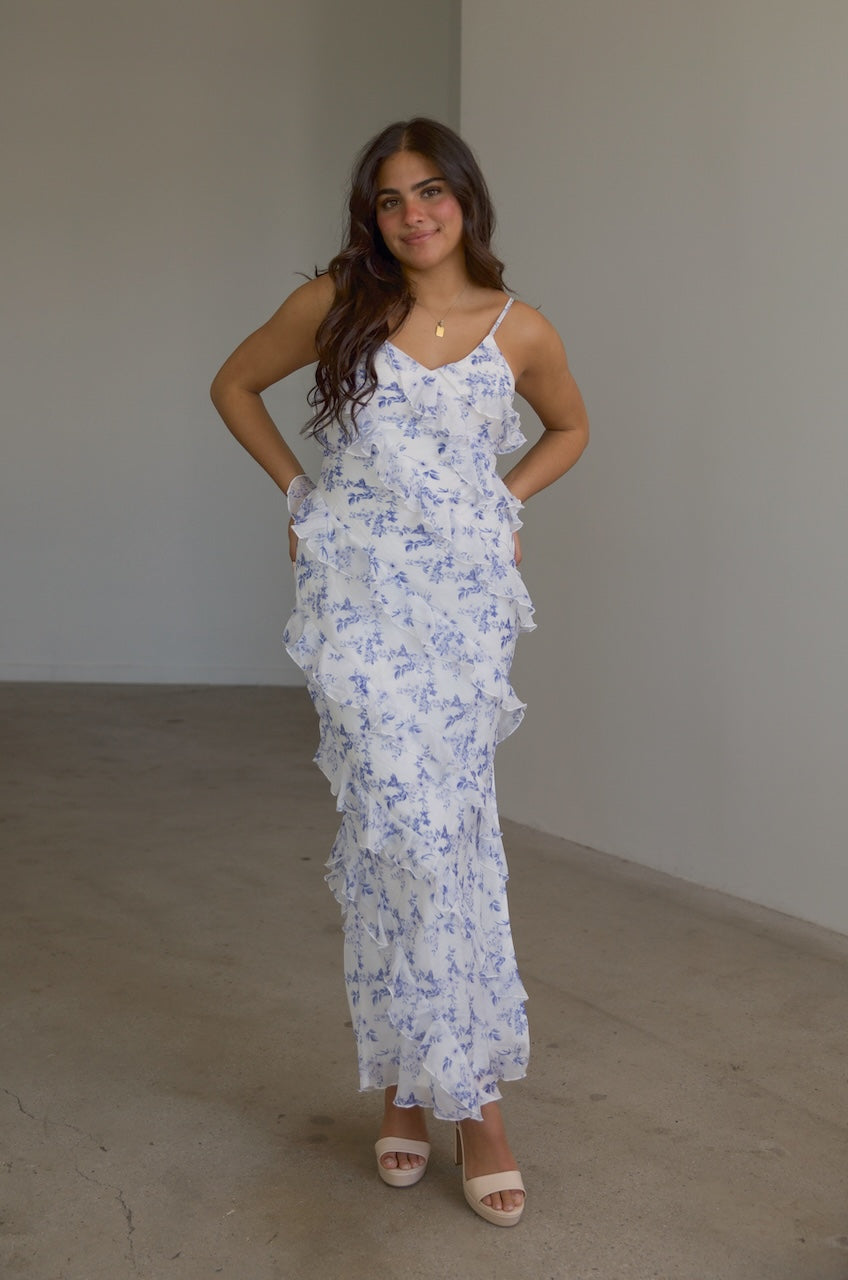 blue and white floral layered ruffle maxi dress with spaghetti straps