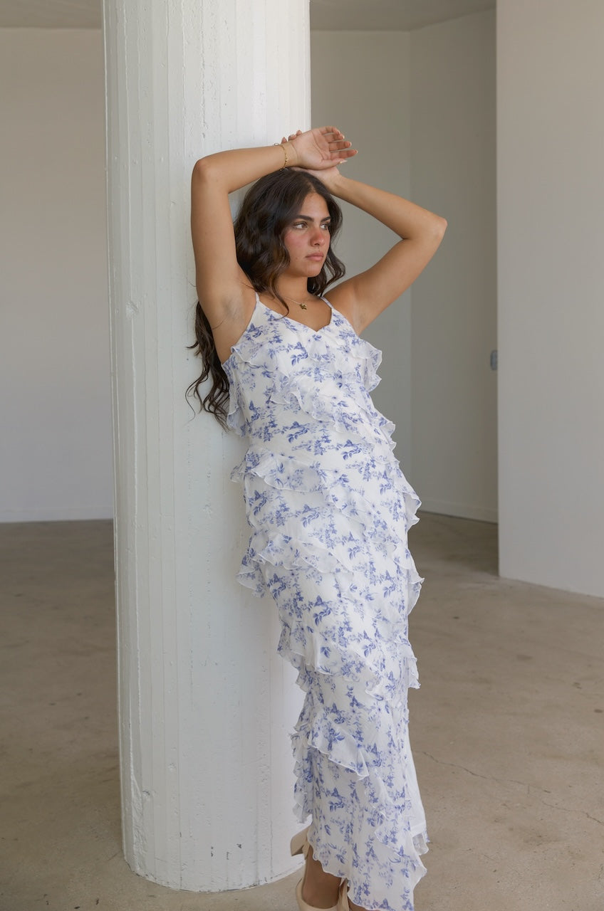 blue and white floral layered ruffle maxi dress with spaghetti straps