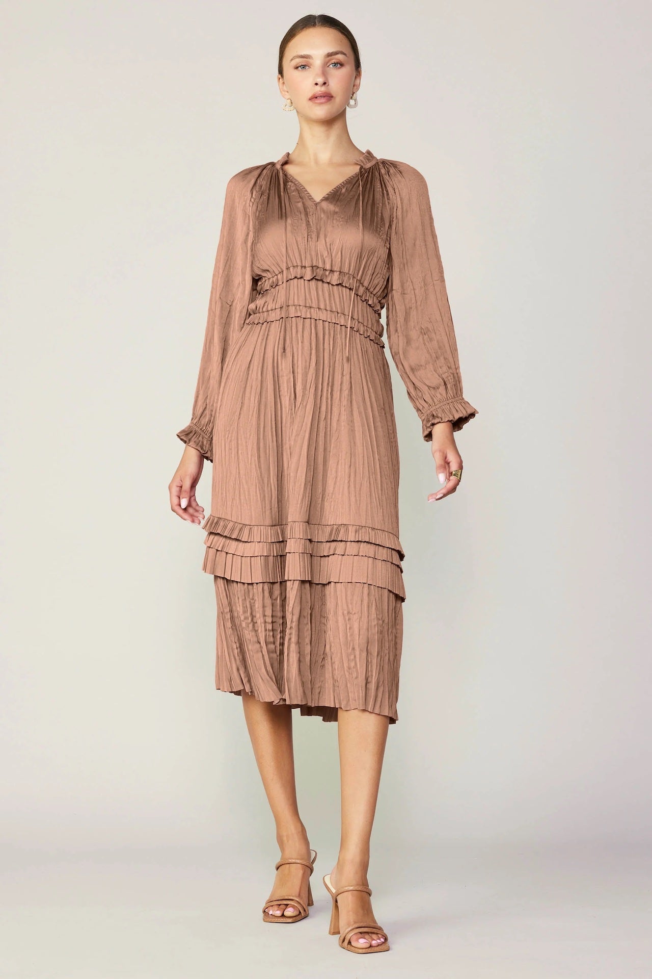 dusty clay beige pleated midi dress with long sleeves