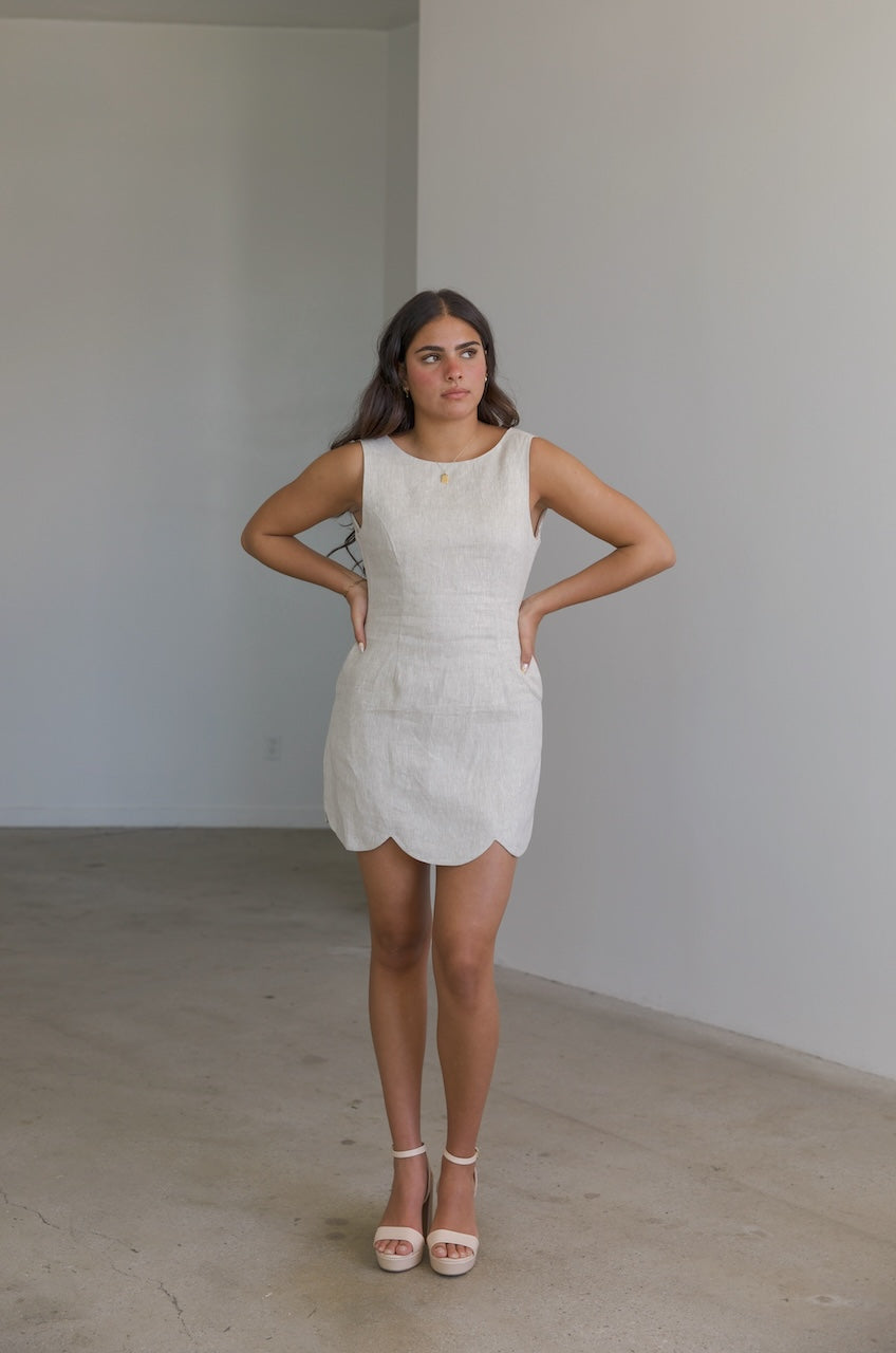 Scallop Hem Linen Mini Dress