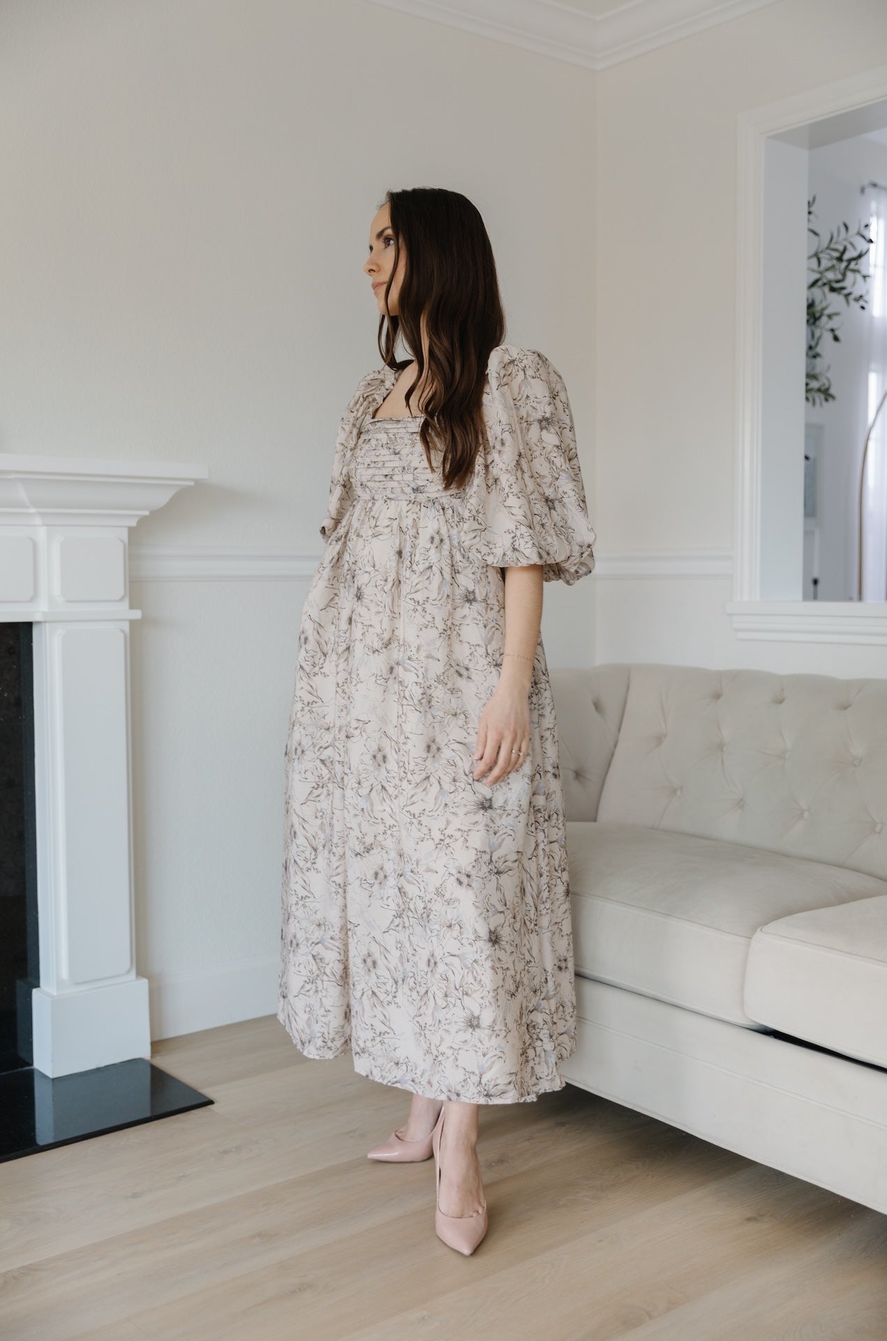 beige floral puff sleeve midi dress with a back bow tie